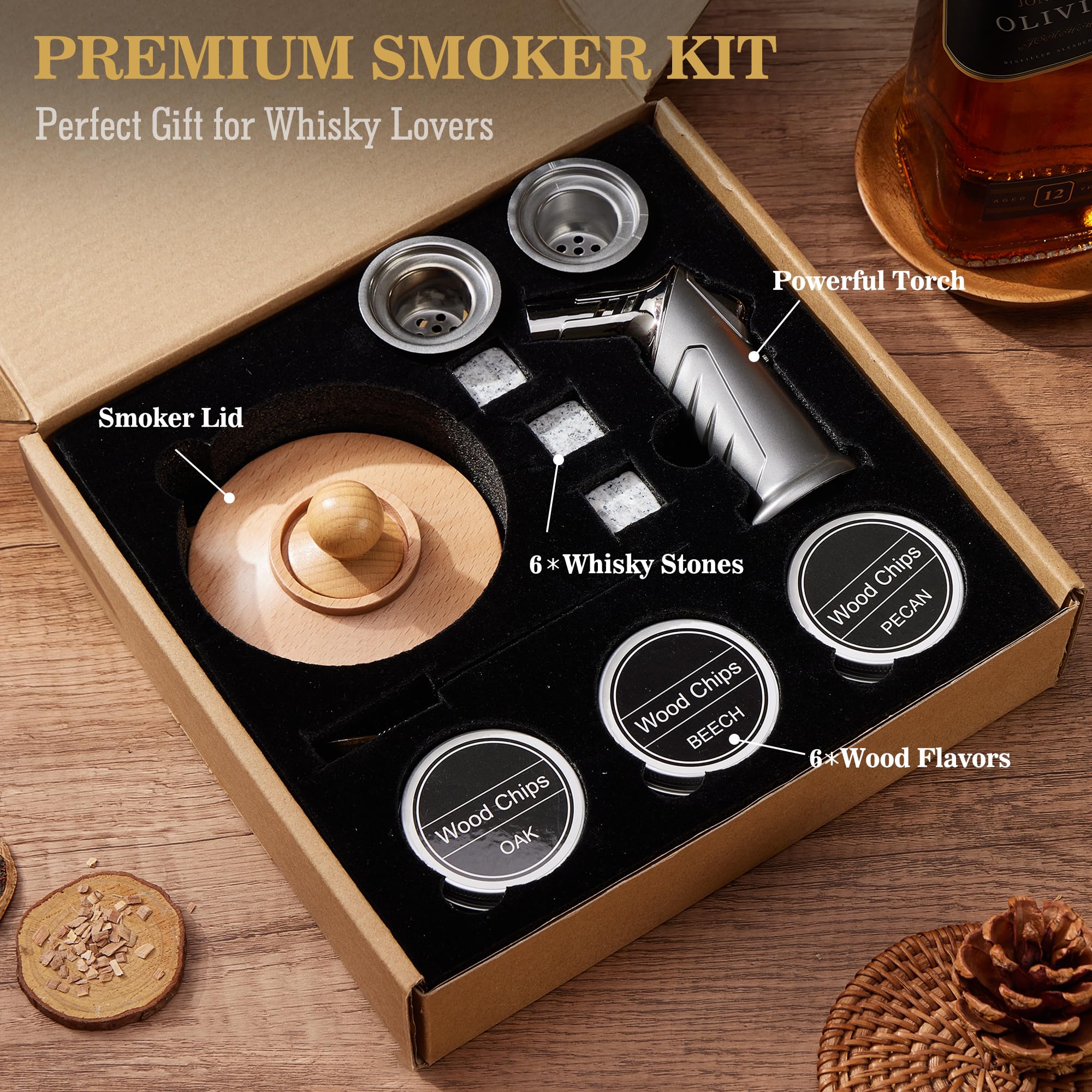 Zestaw do koktajli smoker – zestaw do wędzenia whisky 2025 z 6 drewnianymi chipsami, łatwy do czyszczenia i wydajny, Old Fashioned do whisky, bourbona i koktajli, prezent dla mężczyzn (bez