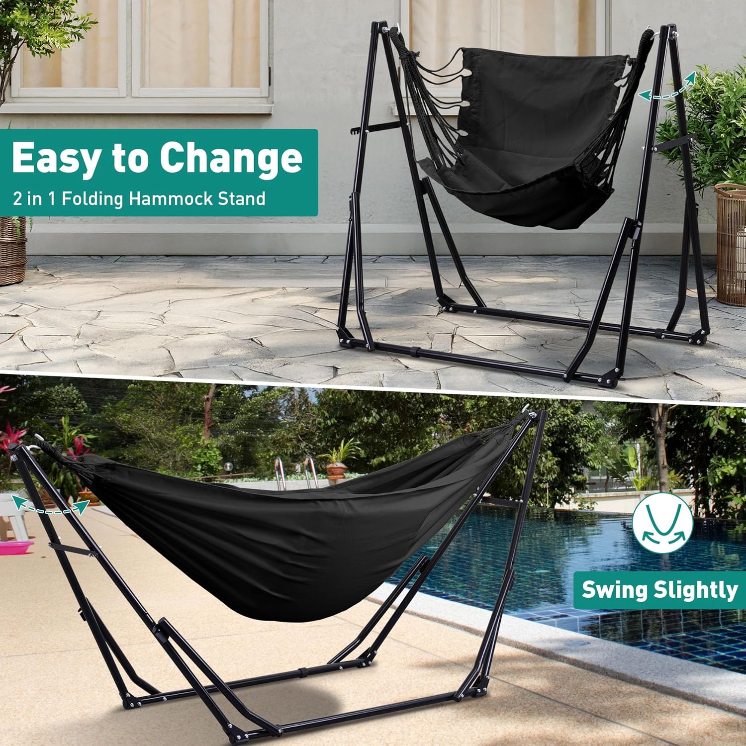 Ainfox Hammock with Foldable Stand, 2 in 1 Hammock and Swinging Chair with Carrying Bag, Portable Camping Chair Suitable for Outside, Swing,Patio,Garden,Camping Trip Black
