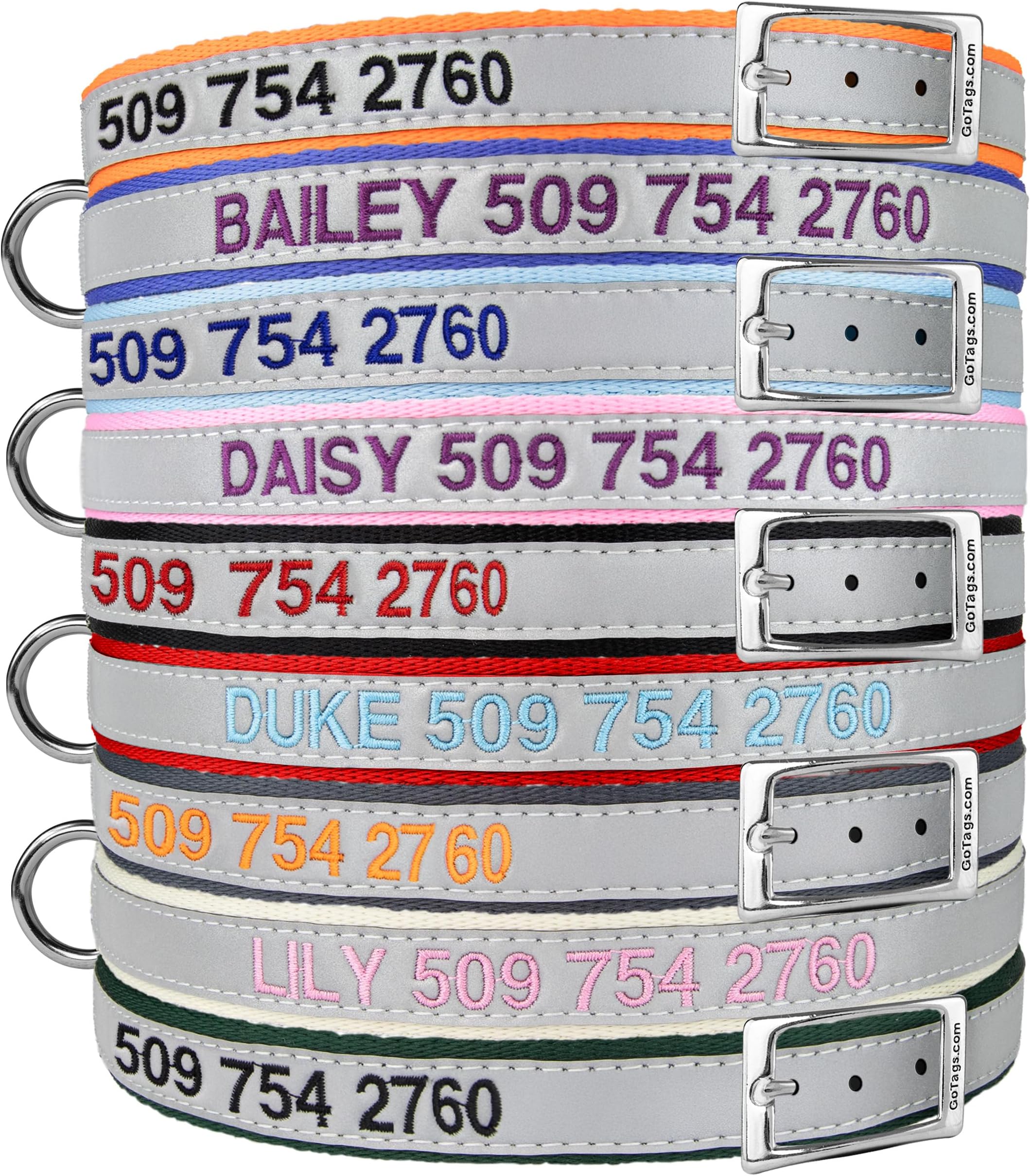 GoTags Embroidered Reflective Dog Collars with Metal Buckle, Personalized Dog Collar Custom Embroidered with Pet Name and Phone Number, Sizes for Puppy and Dogs Extra Small, to Medium and Large