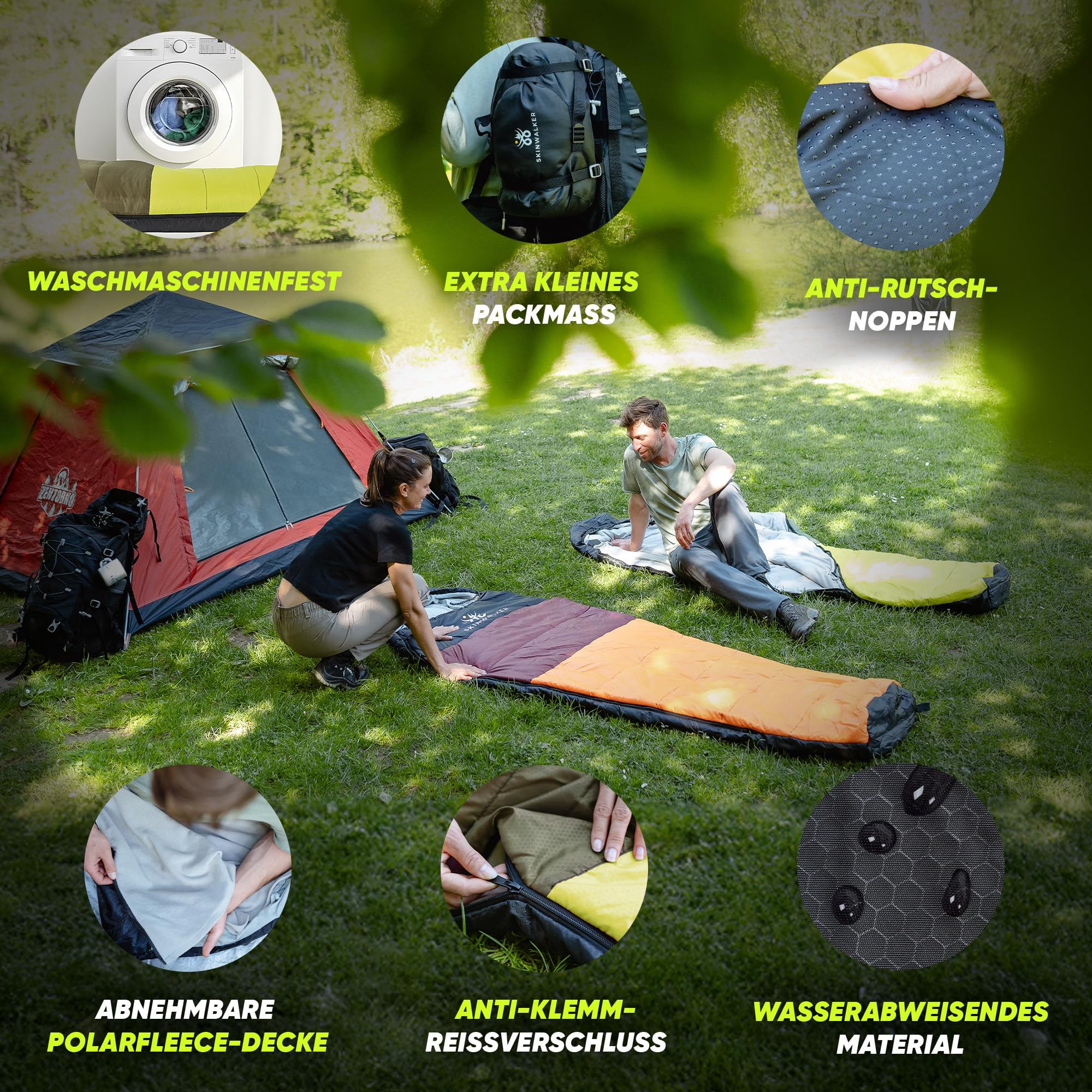 SKINWALKER Saco de dormir para 3 – 4 estaciones con [forro polar interior extraíble] para invierno y verano [tamaño pequeño del paquete] saco de dormir momia impermeable para exterior y camping saco