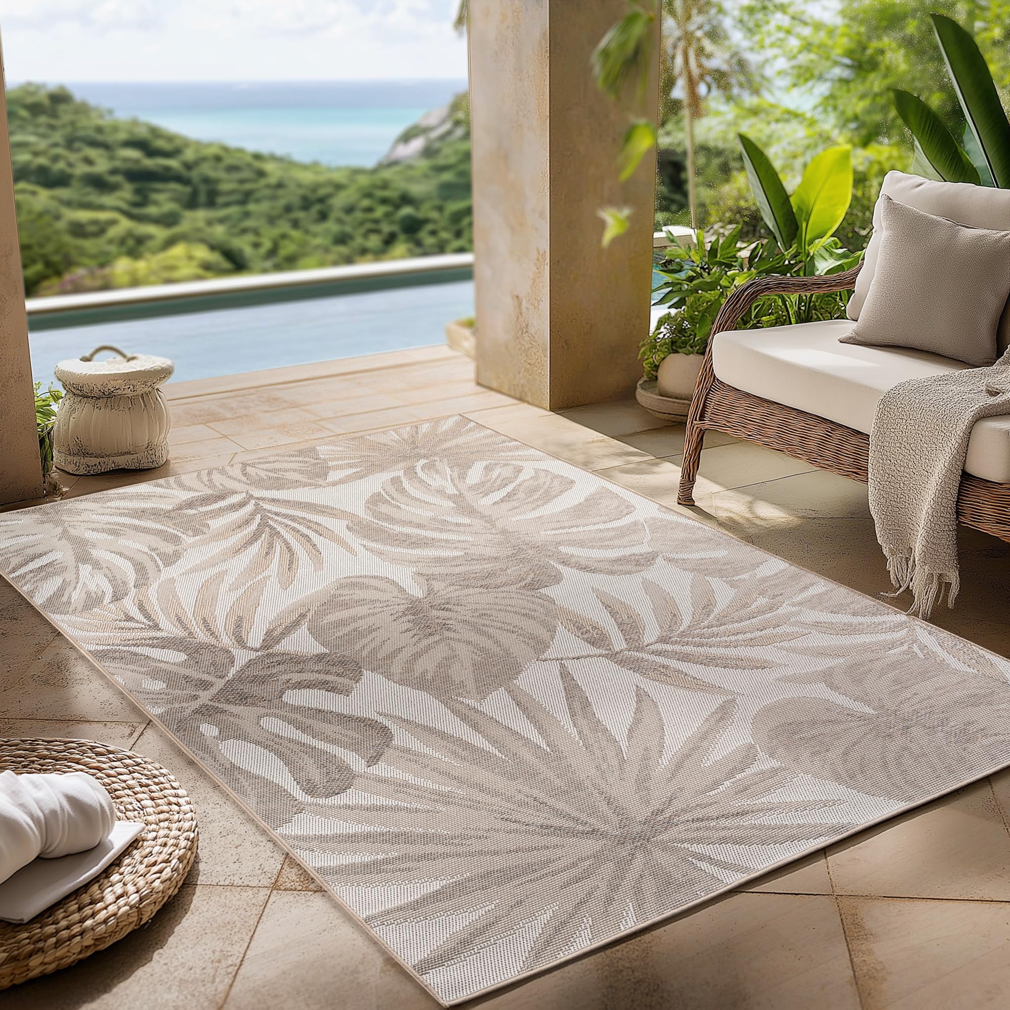 Tapis d'extérieur anti-tache beige 140x200 pour cuisine et terrasse