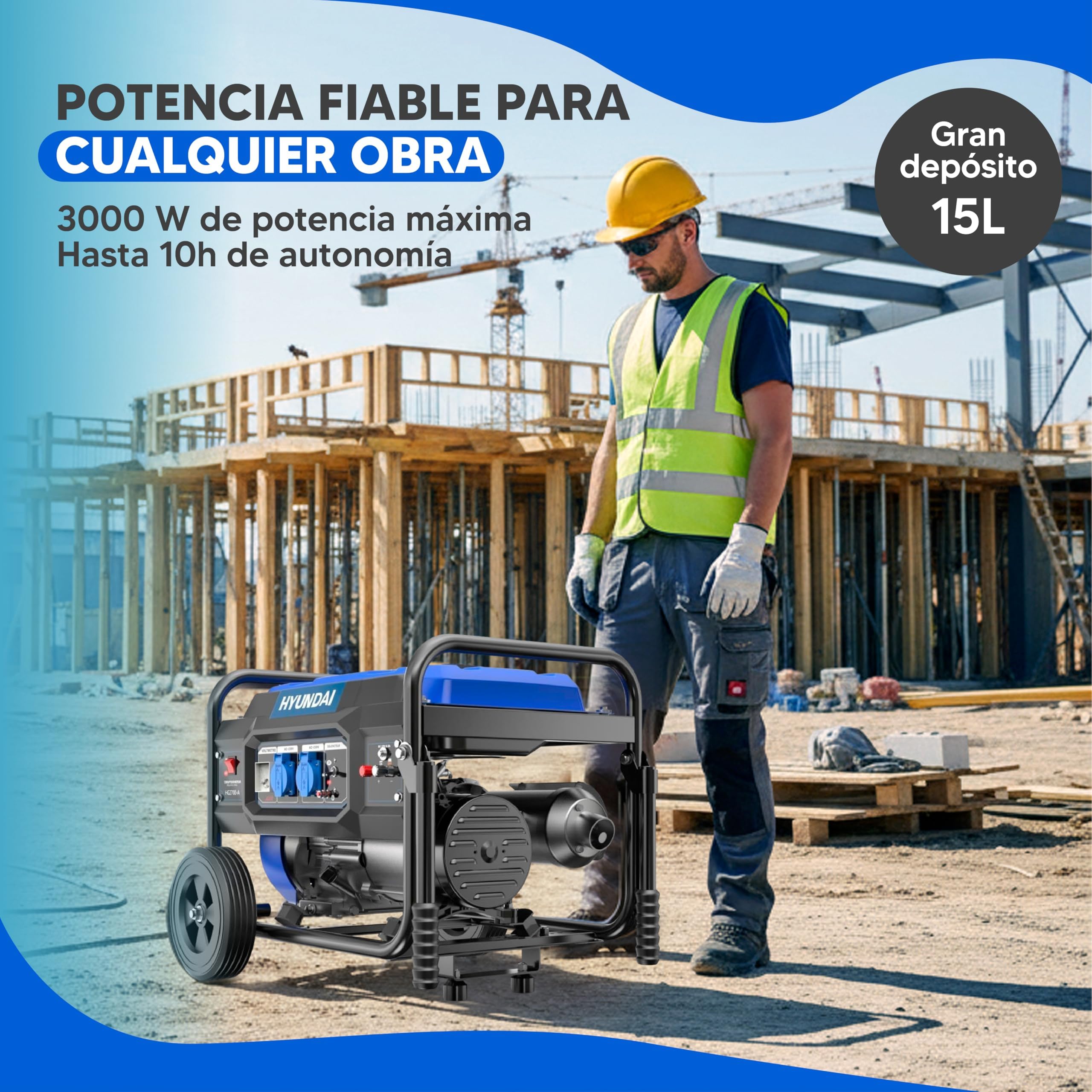 HYUNDAI Grupo Electrógeno a Gasolina 3000W para Obra - Generador Eléctrico con Regulación Electrónica para Energía Estable - Generador Portátil con 15L de Despósito y Autonomía 10h - Estación Energía