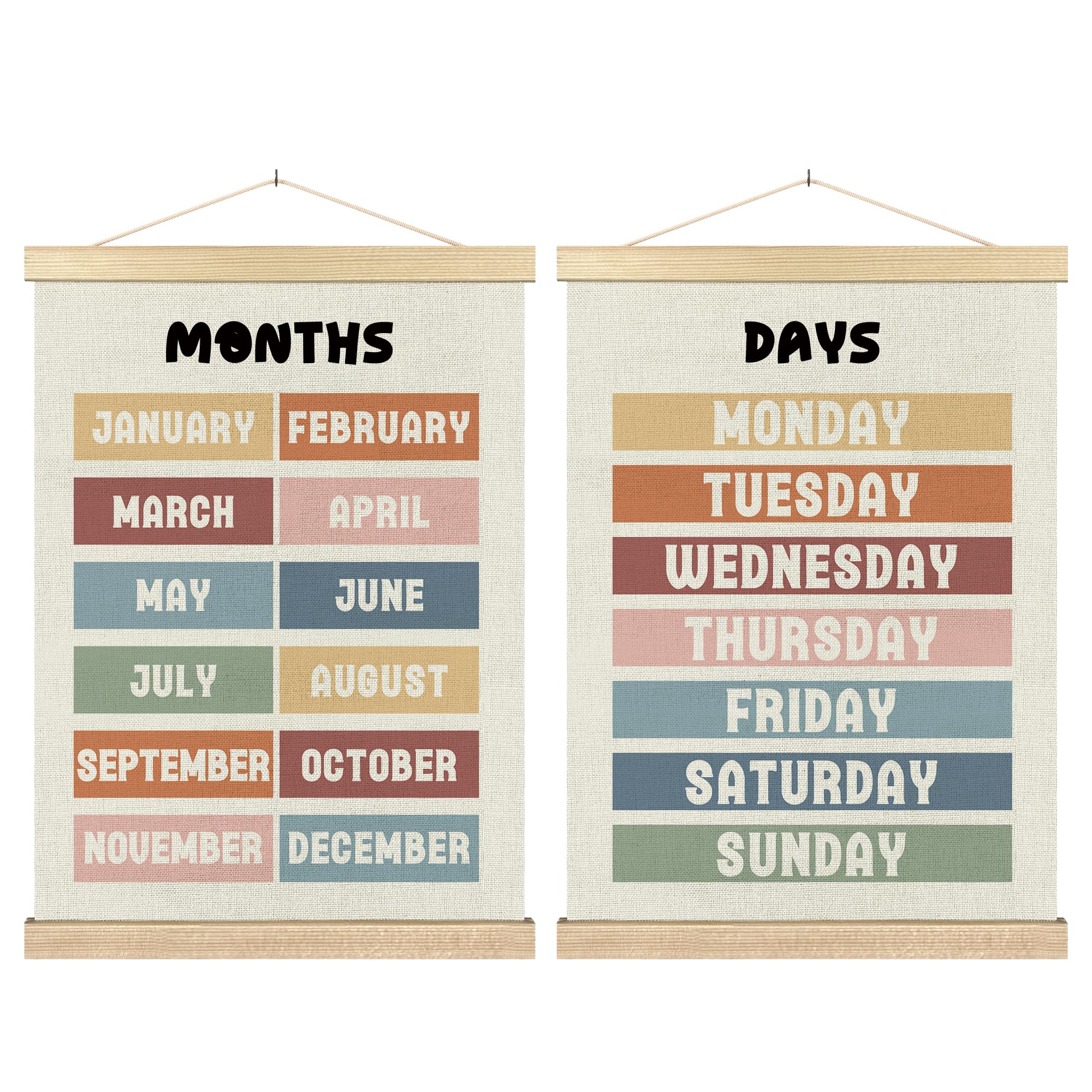 BCUANGD Classroom Wall Decor - Days of the Week Months of the Year Poster Hanger with Wood Frames Set of 2, Neutral Classroom Wall Hanging Canvas
