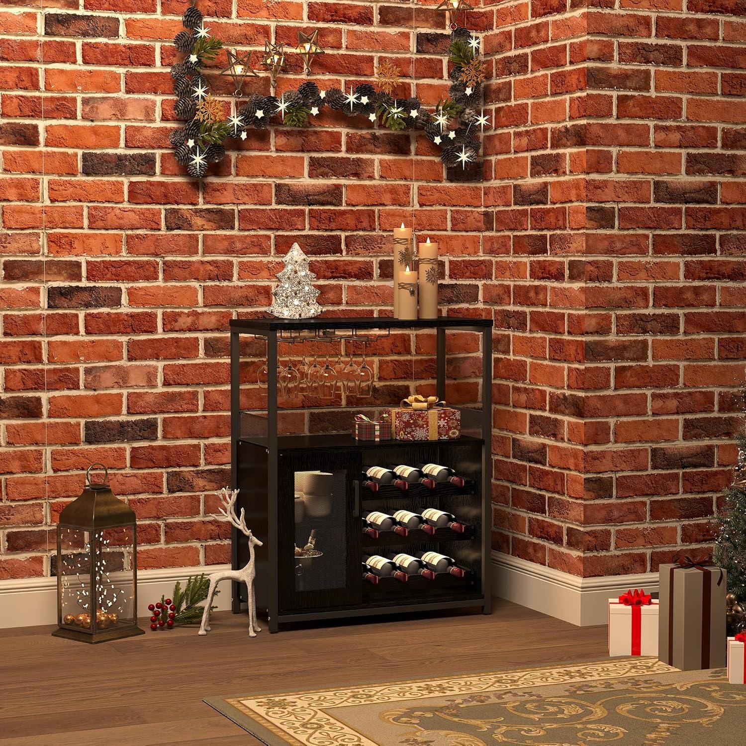 Garvee Botellero Industrial con Estante Ajustable para Vino y Soporte para Copas, Armario para Bebidas para Cocina, Comedor, Salón, 70x35x92 cm, Negro