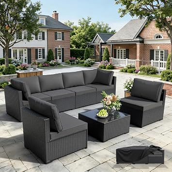 WWR Patio Furniture Set 7 Piece - All-Weather - Wicker Rattan Patio Outdoor Conversation Set, Modular Sectional Sofa for Backyard, Garden