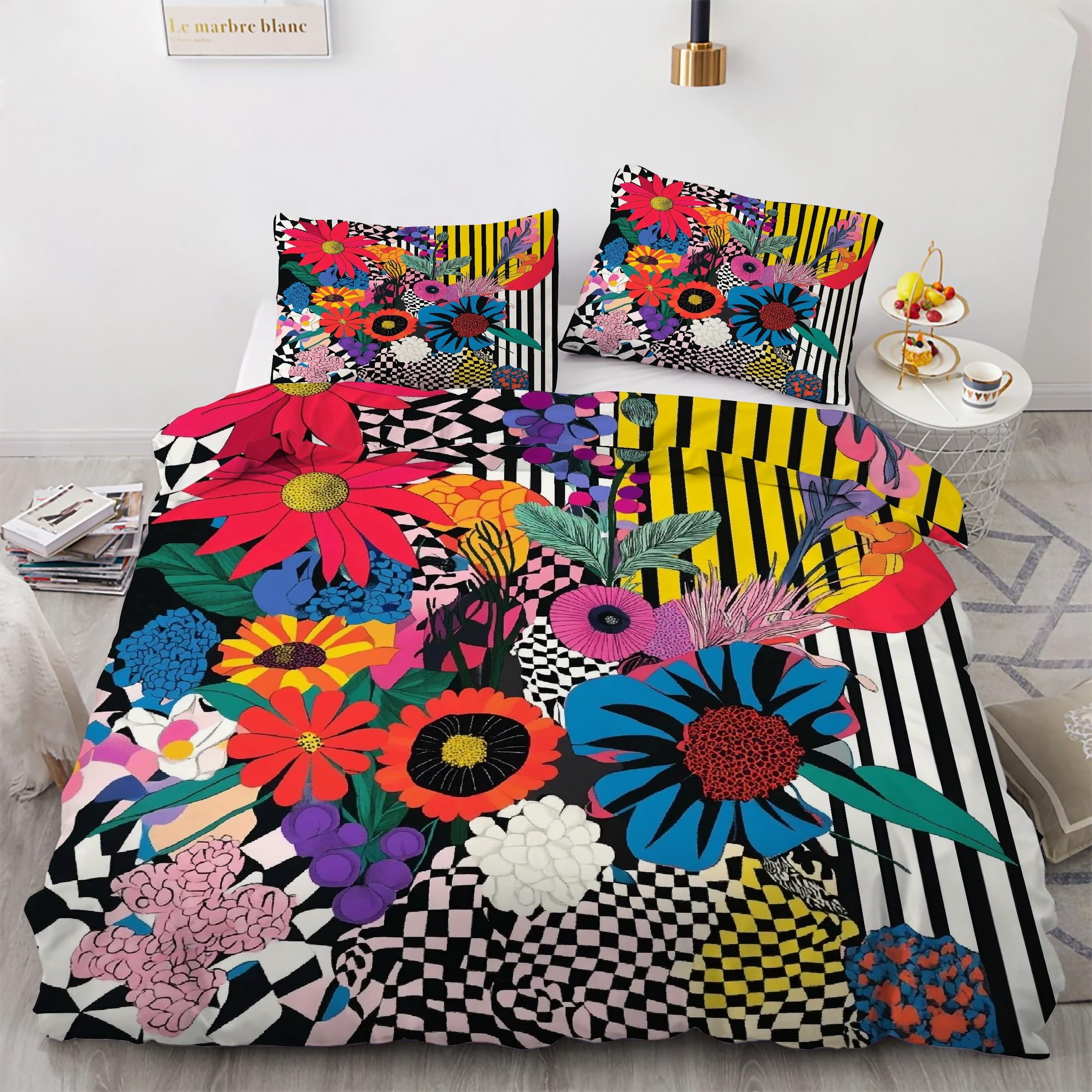 Housse de couette 220x240 microfibre douce parure de lit fleurs ensemble literie 3 pièces zippé