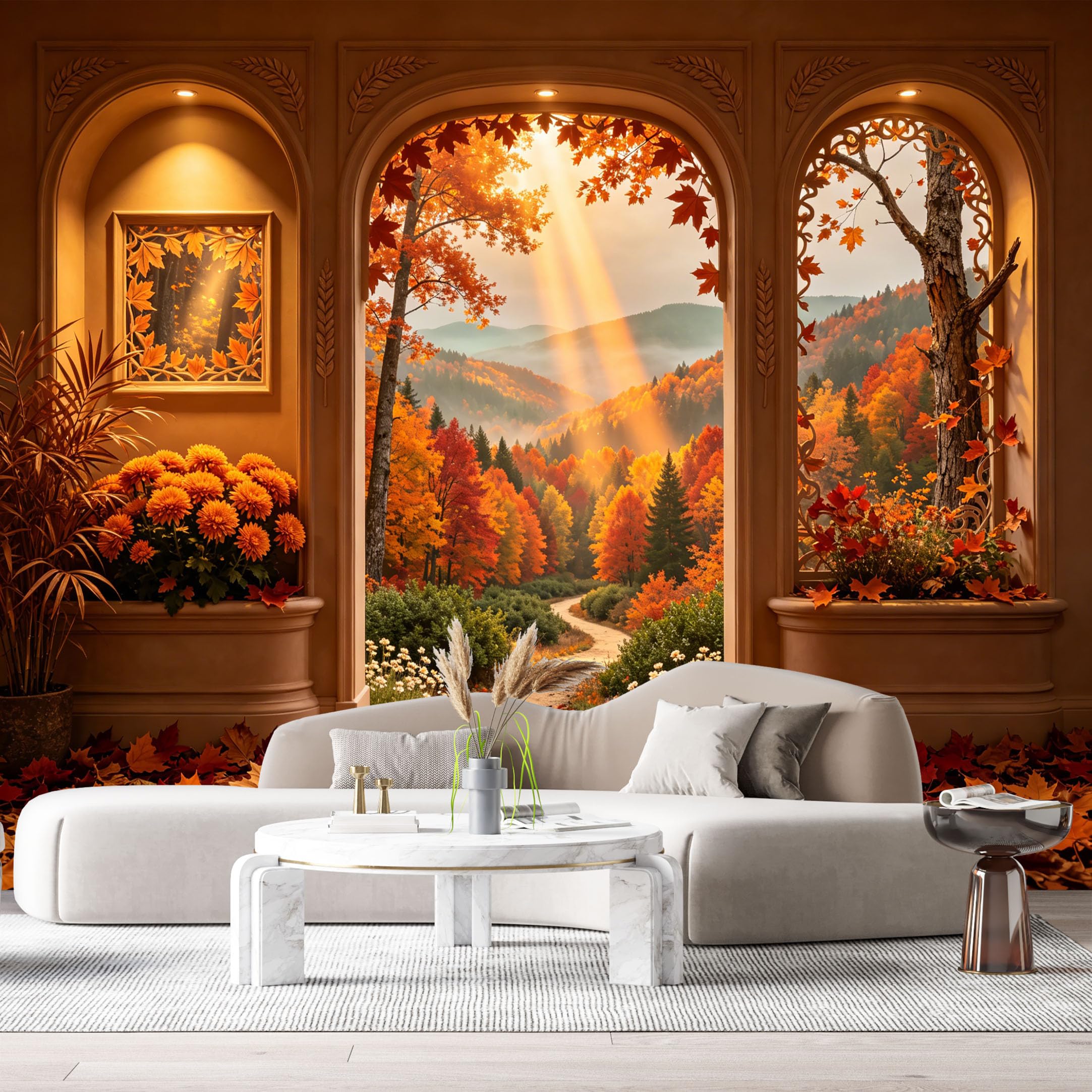 Custom Size Wall Murals Autumn Forest Landscape 3D Trompe L'Oeil View Maple Leaves Sunlight SelfAdhesive Wall Fabric Removable Large Wallpaper Photo for Living Room