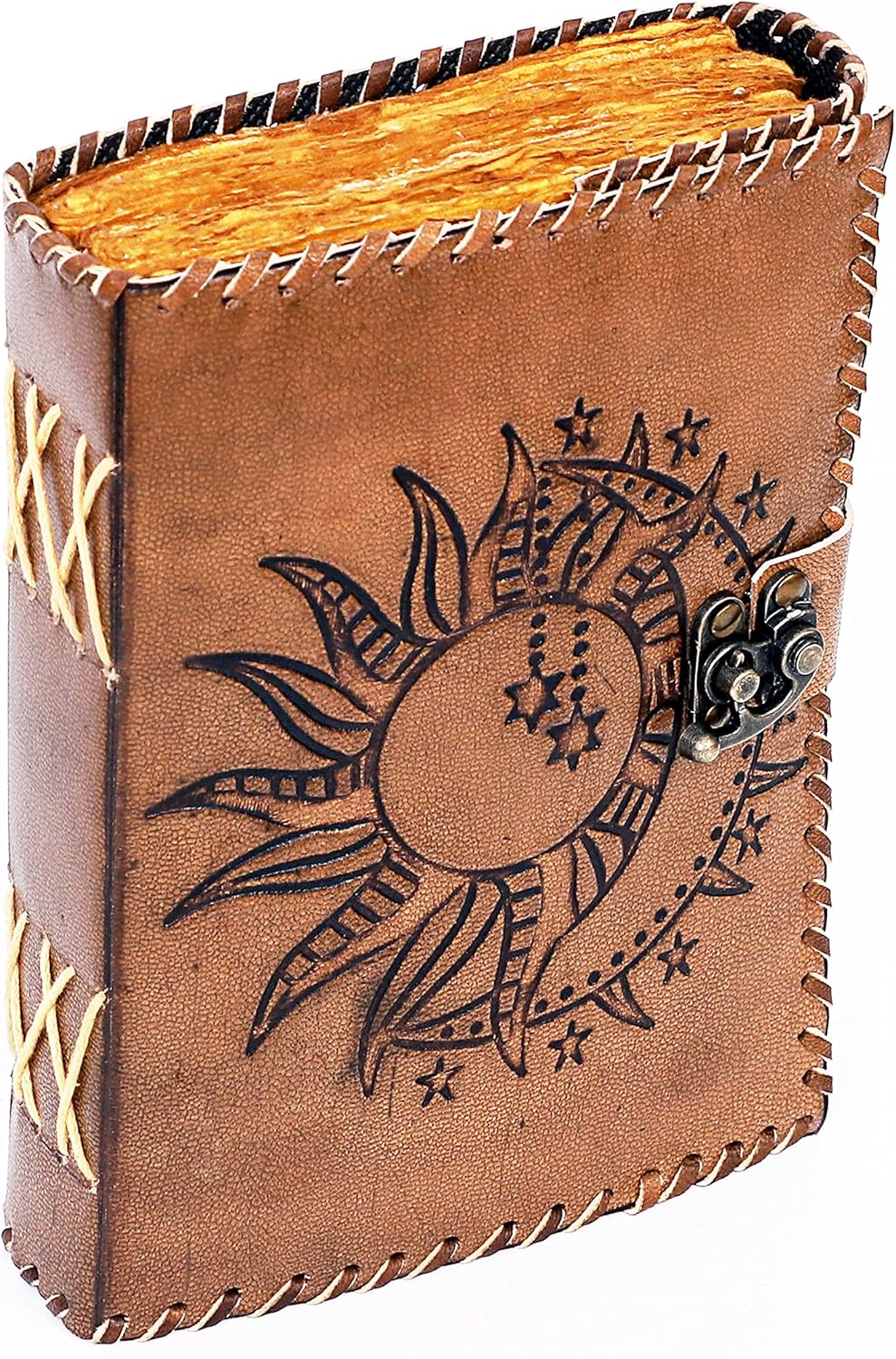 Sun & Moon Emboss Journal, 220 Deckle Edge Handmade Pages Journal, Vintage Journal, Sun Moon Journal, Leather Sketchbook, Leather Notebook (7 x 5 Inch, Vintage Brown - Deckle Edge Paper)