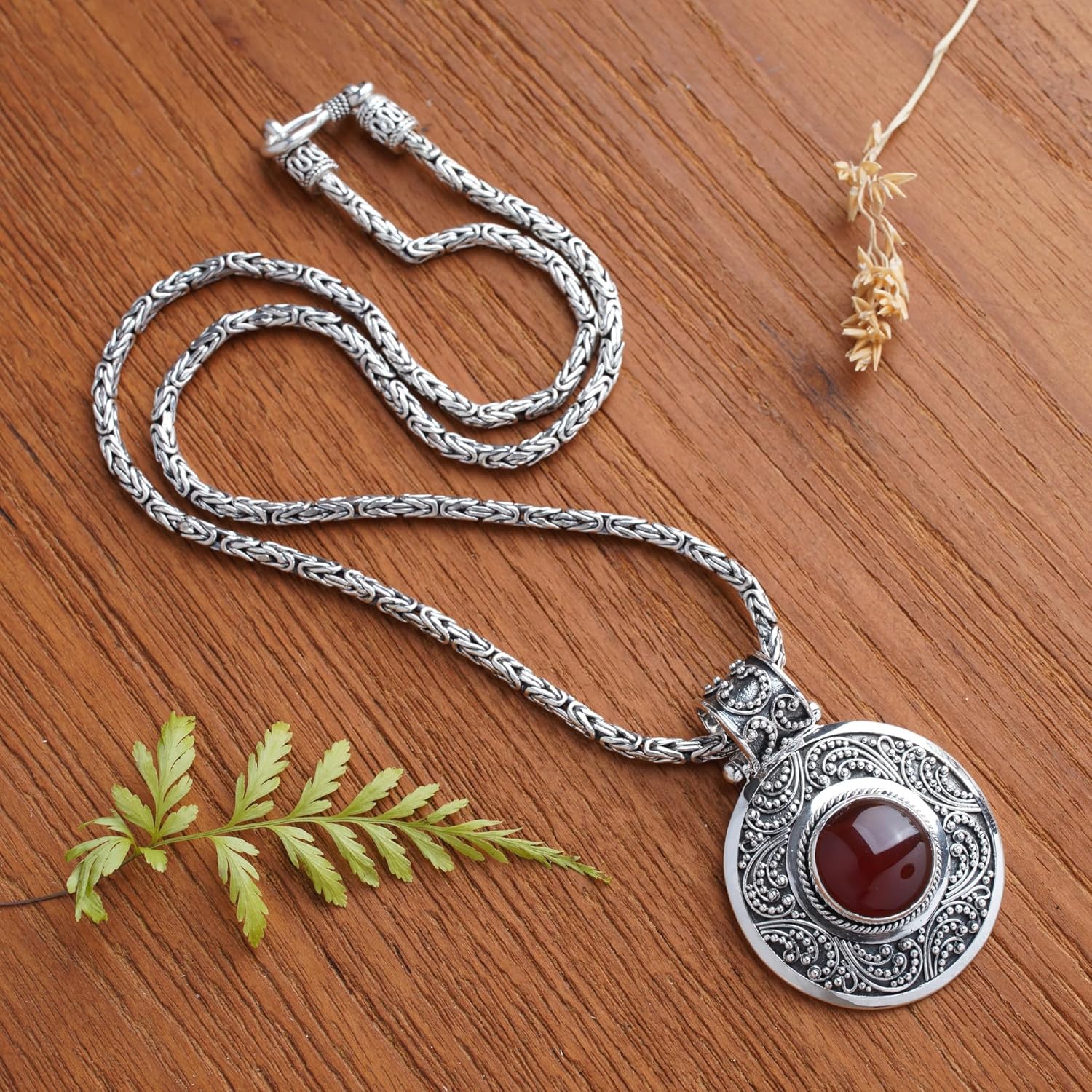 NOVICA Artisan Handmade Carnelian Necklace Sterling Silver from Indonesia Red Pendant Aurora Marsala Birthstone Balinese Traditional [19.75 in L x 0.1 in W Pendant(s) 1.6 in L x 1.2 in W] ' Luxury' - Image 4