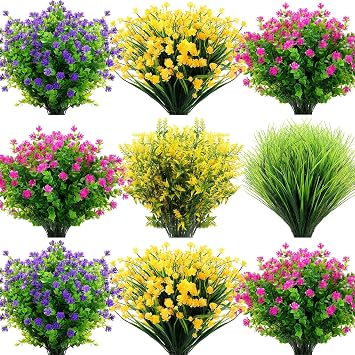 36 Bundles Artificial Flowers for Outdoors UV Resistant Fake Spring Plastic Flowers Faux Shrubs Plants for Spring Summer Indoor Outside Garden Porch Patio Window Box Party Decoration Elegant