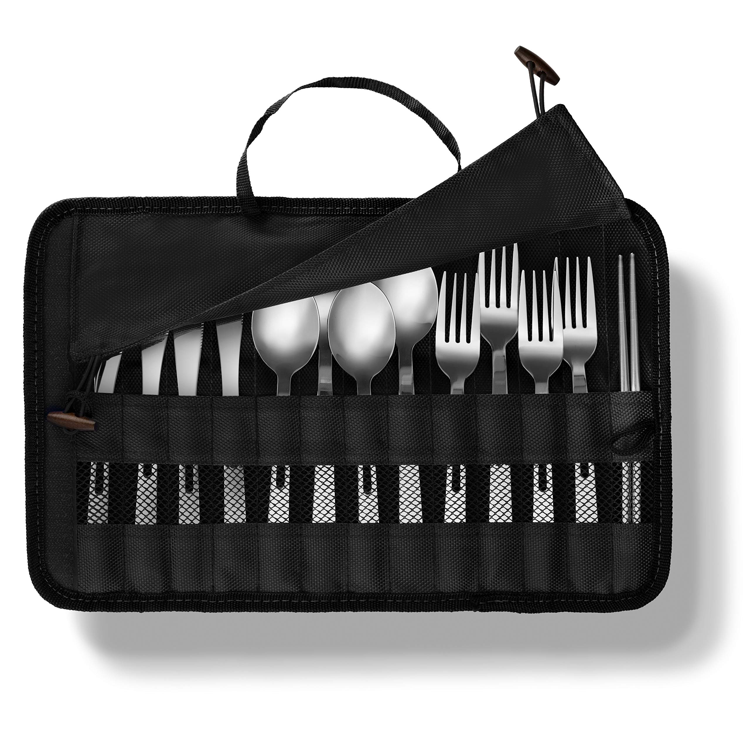 Juego de 13 utensilios de cocina de acero inoxidable con funda de viaje para acampada, senderismo, barbacoas, incluye tenedores, cucharas, cuchillos y palillos de nailon