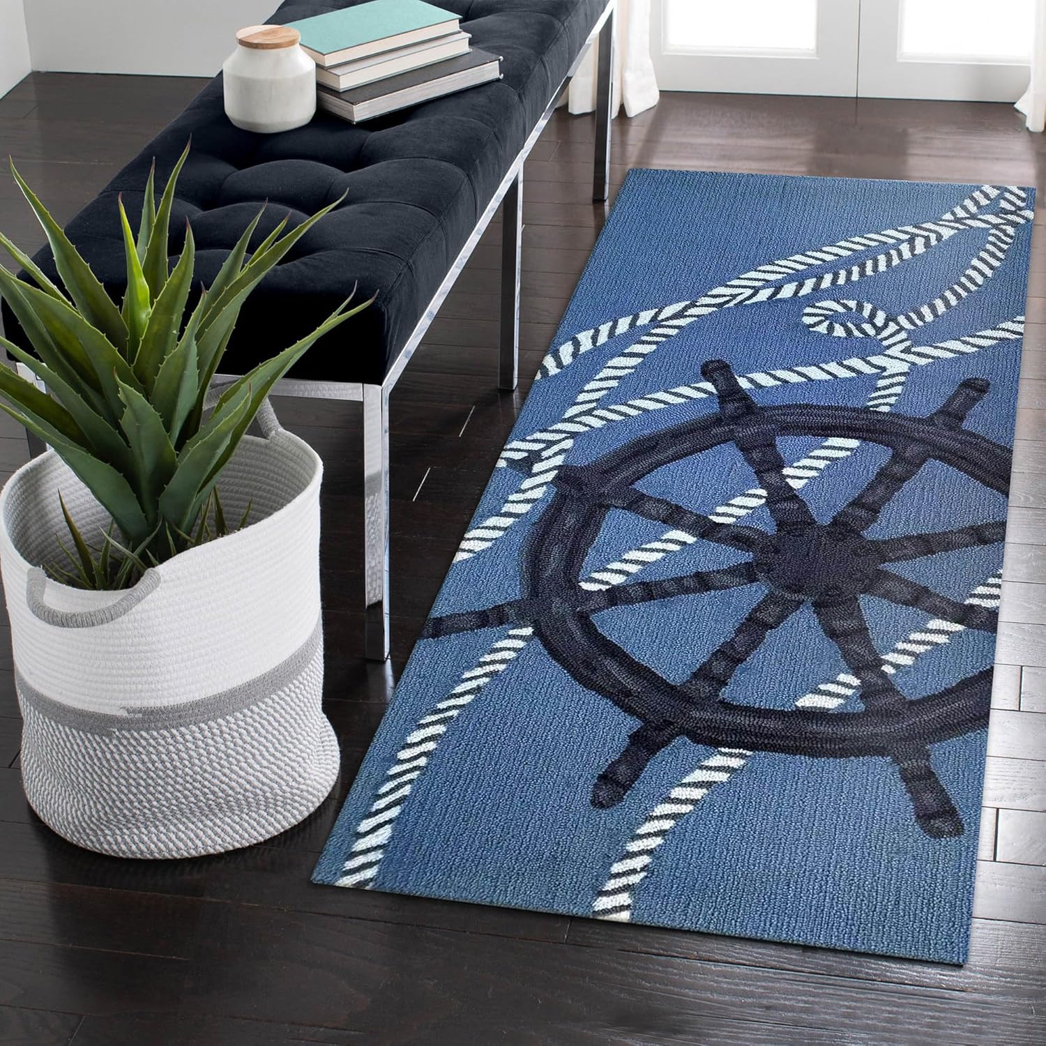 Liora Manne FRONTPORCH Indoor/Outdoor Hand Tufted Synthetic Blend Durable Area Rug - Transitional Graphic Nautical Ocean Colorful (Captain's Wheel Marine) (2' x 5')