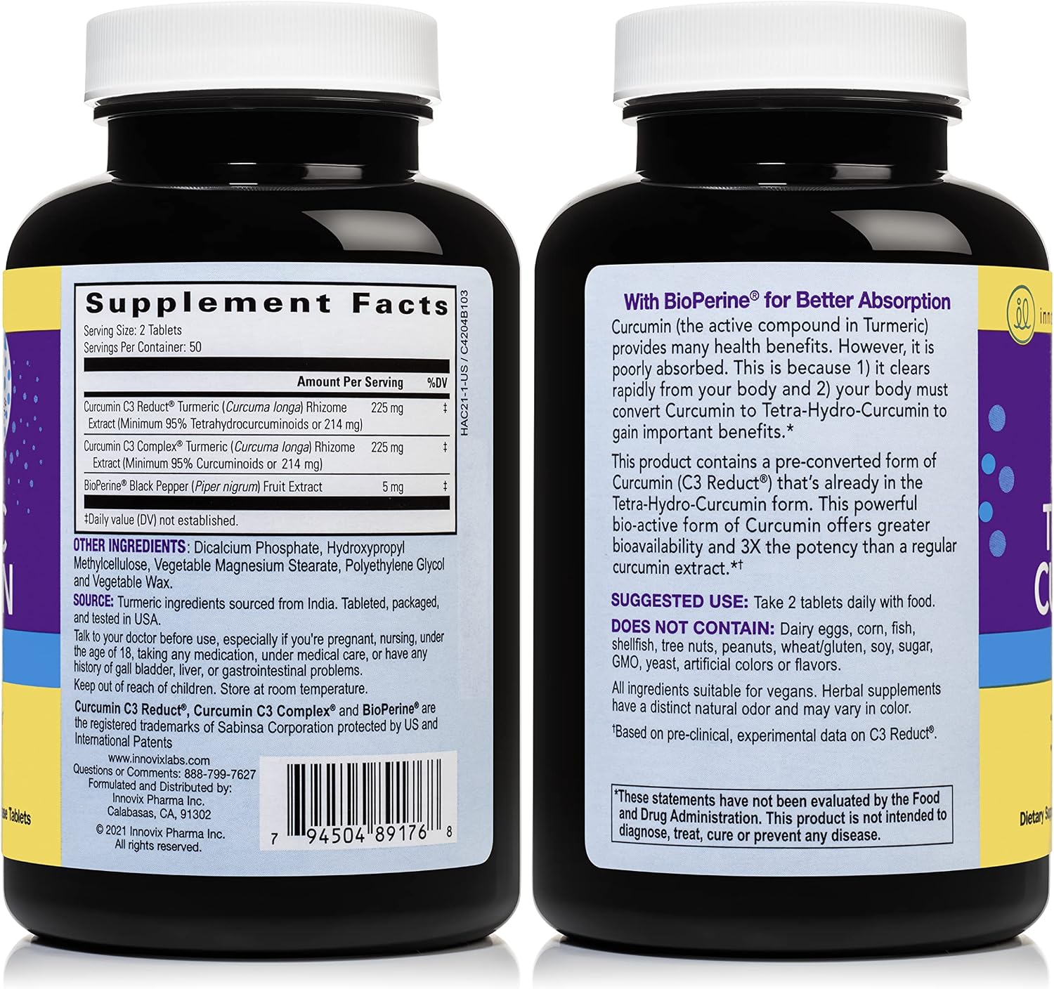 InnovixLabs Turmeric Curcumin with Black Pepper - Time Release Tumeric Curcumin Supplement with C3 Reduct & Curcumin C3 Complex - 100 Easy-Swallow Turmeric Supplement - BioPerine for Higher Absorption