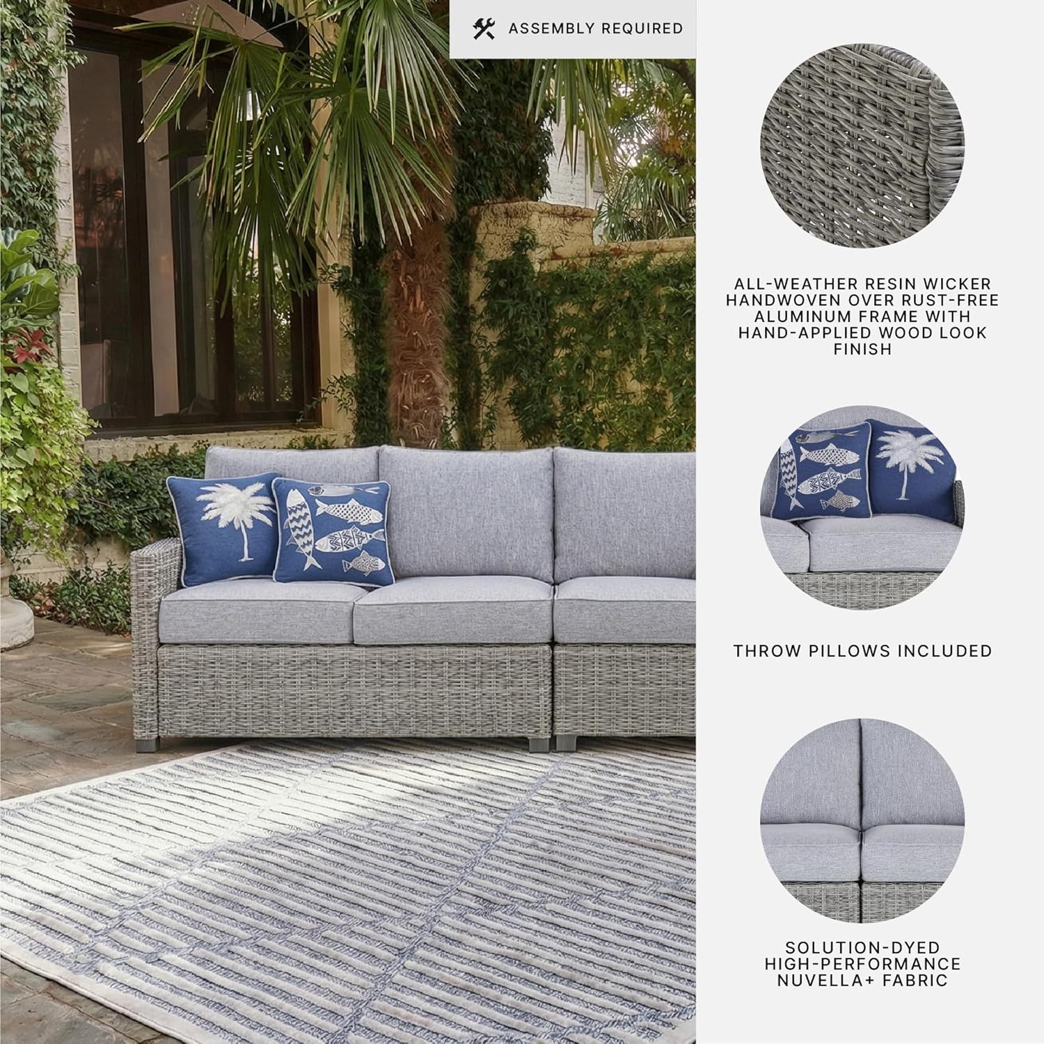Signature Design by Ashley Naples Beach Curved Coastal 3-Piece Outdoor Sectional with Cushion and 6 Throw Pillows, Light Gray