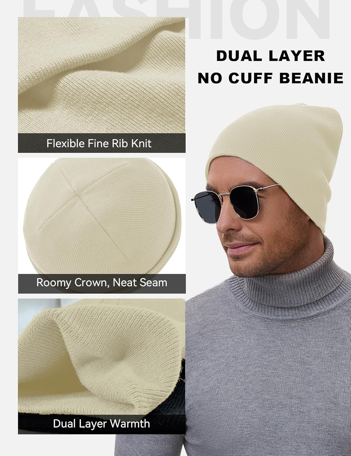 100% Cotton No Cuff Beanie Hat for Men Women, Cuffless Soft Warm Unisex Ribbed Knit Winter Fisherman Skull Cap - Image 4