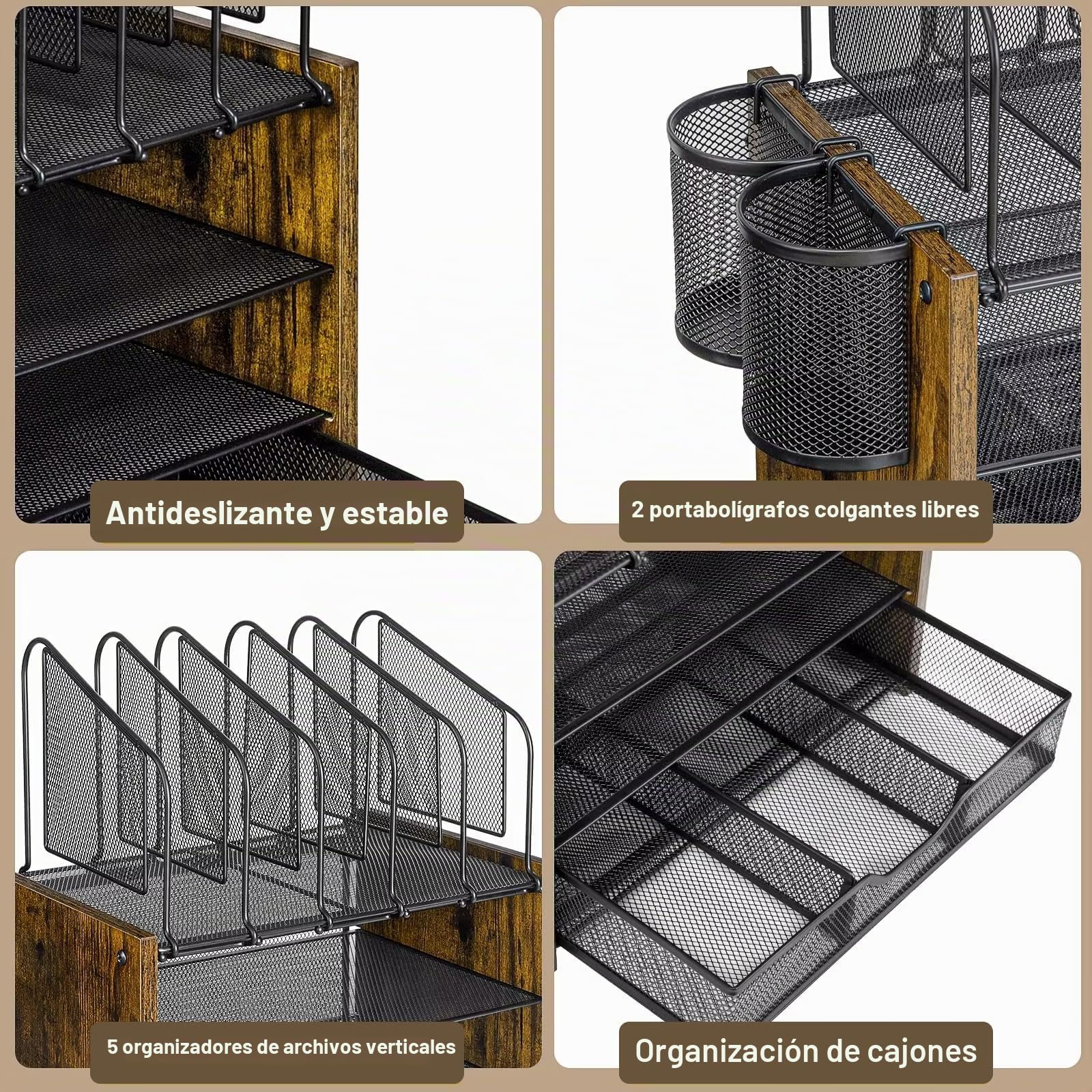 Organizador de escritorio de malla de 4 niveles de madera y metal, negro A4 con cajón y 2 soportes para bolígrafos, bandeja de documentos