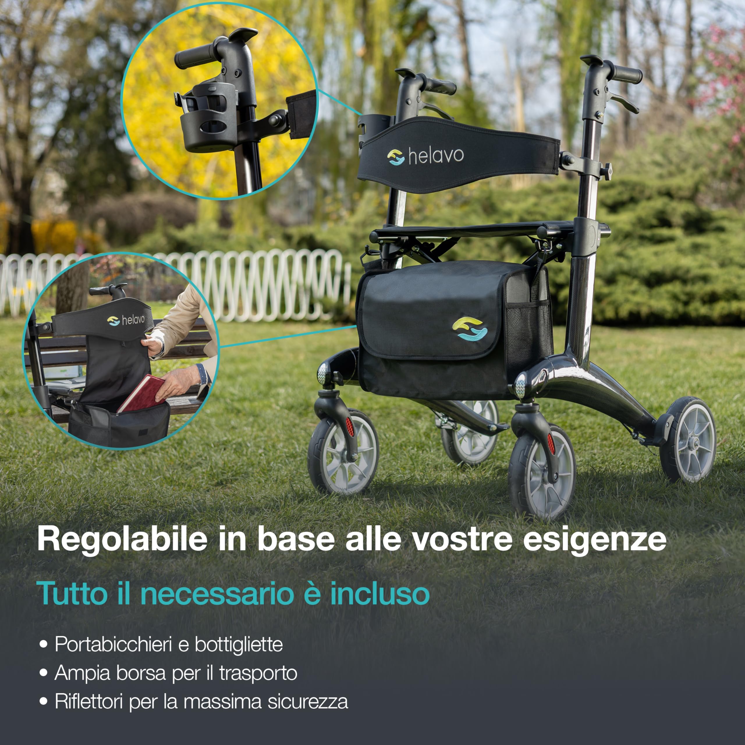 Helavo Deambulatore per Anziani 4 Ruote in Carbonio Ultraleggero - Solo 5,6 kg di Peso - Girello per Anziani Leggero in Fibra di Carbonio
