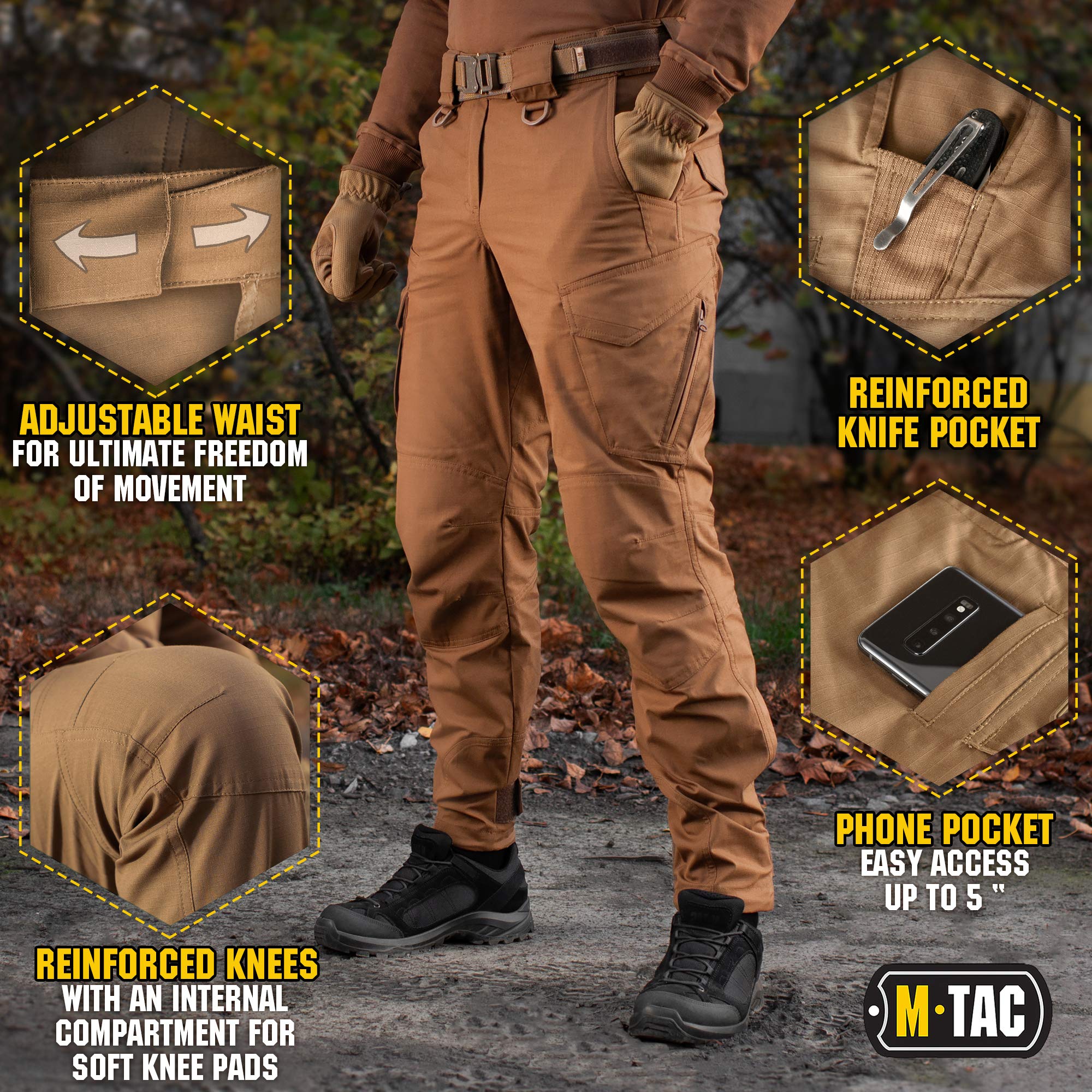 Aggressor Flex – spodnie taktyczne – męskie bawełniane z kieszeniami cargo, Coyote Brown, 34W / 32L