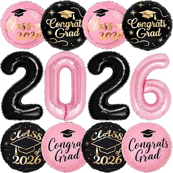 PartyWoo Graduation Balloons Class of 2026 Black Pink Gold 12pcs Balloons 40 Inch 2026 Foil Number Balloons 18 Inch Congrats Grad Mylar Balloons for Black Pink Graduation Decorations Party Supplies