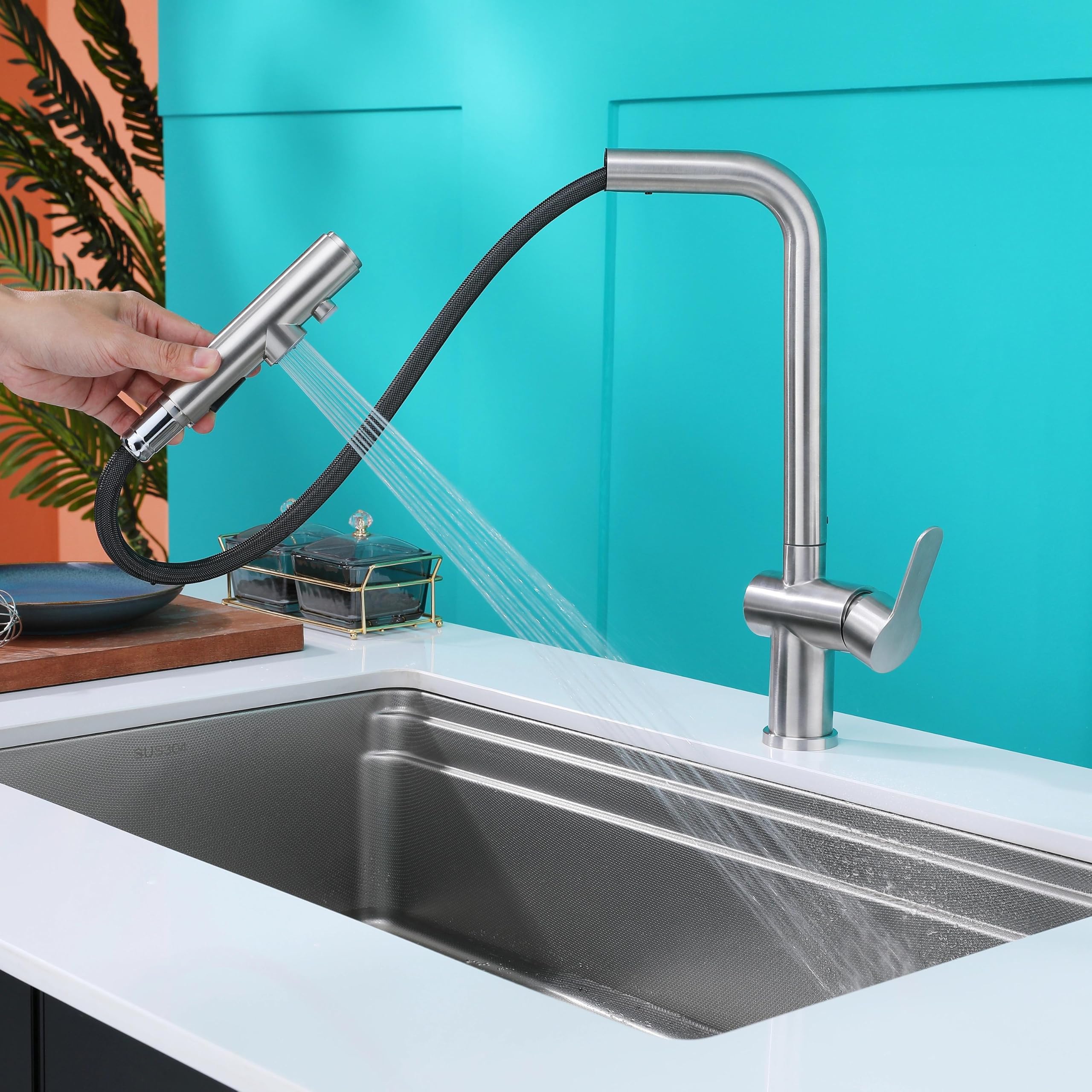 Rubinetto 3 Vie, Rubinetto Cucina con Doccetta Estraibile per Depuratore