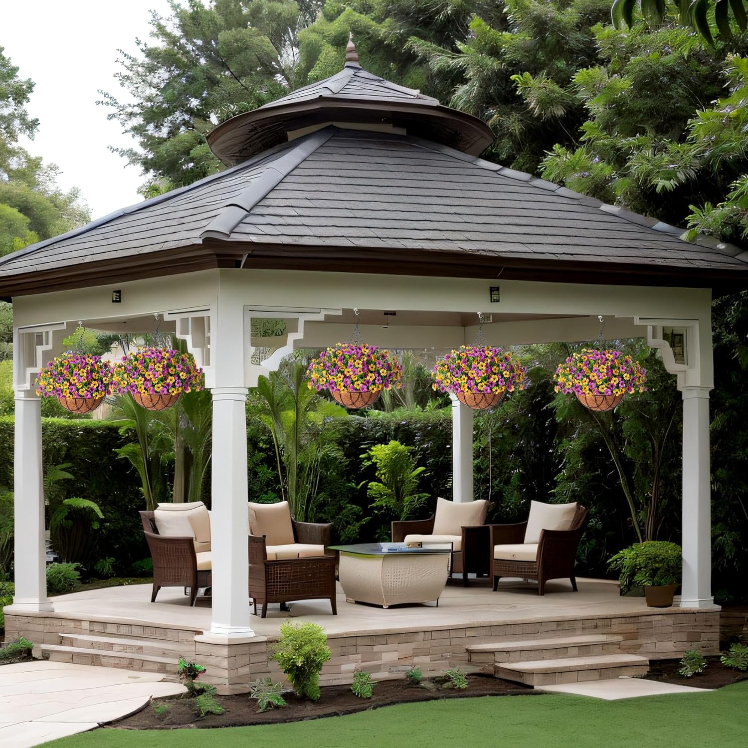 Artificial Silk Spring Flowers Hanging Basket for Outdoor Indoor, Daisy with Eucalyptus Leaves Arrangement for Yard Decor, Faux Green Plant in Metal Coconut Lining Pot(Purple Yellow) - Image 5