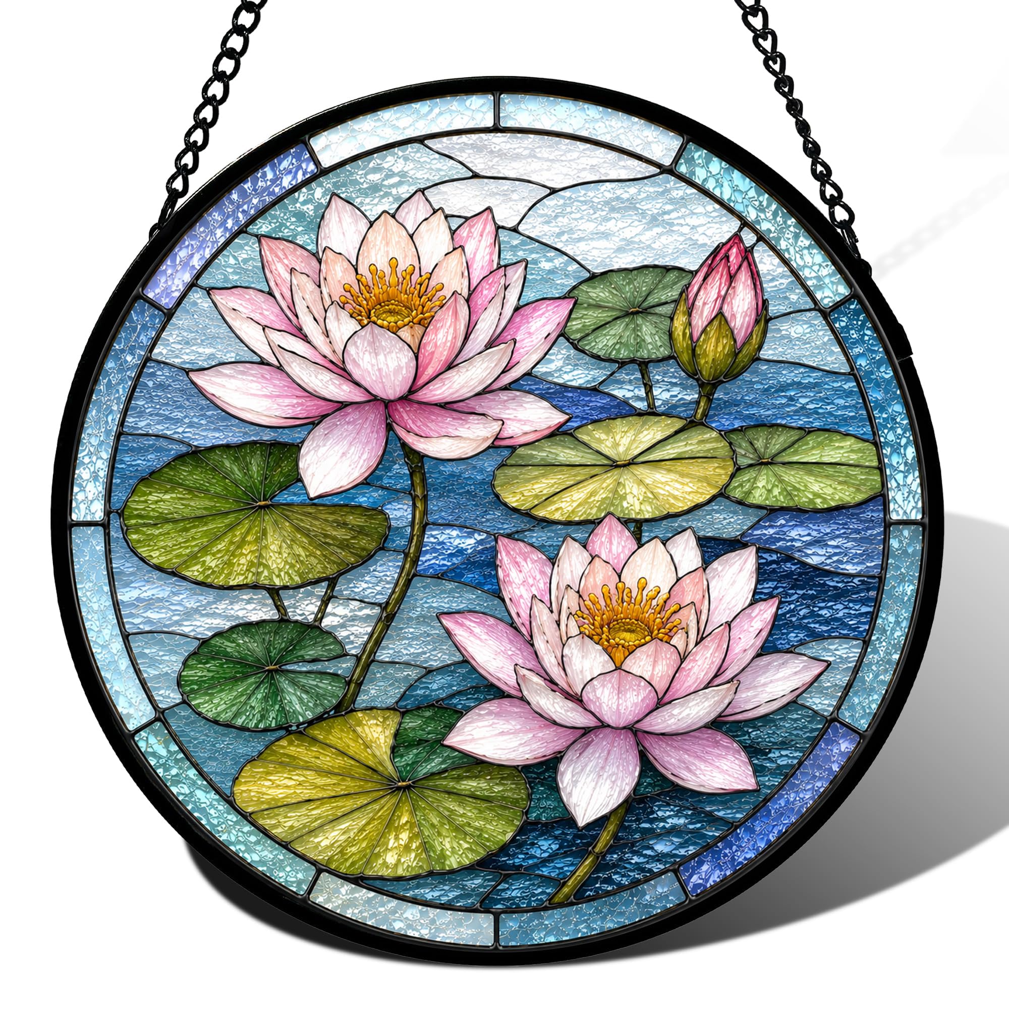 Birth Month Flowers Stained Glass Window Hanging, Sun Catcher for Window, Stained Glass Kit Style Floral Suncatcher, Round Flower Decor for Indoor Window Wall Garden Gift (Water Lily)