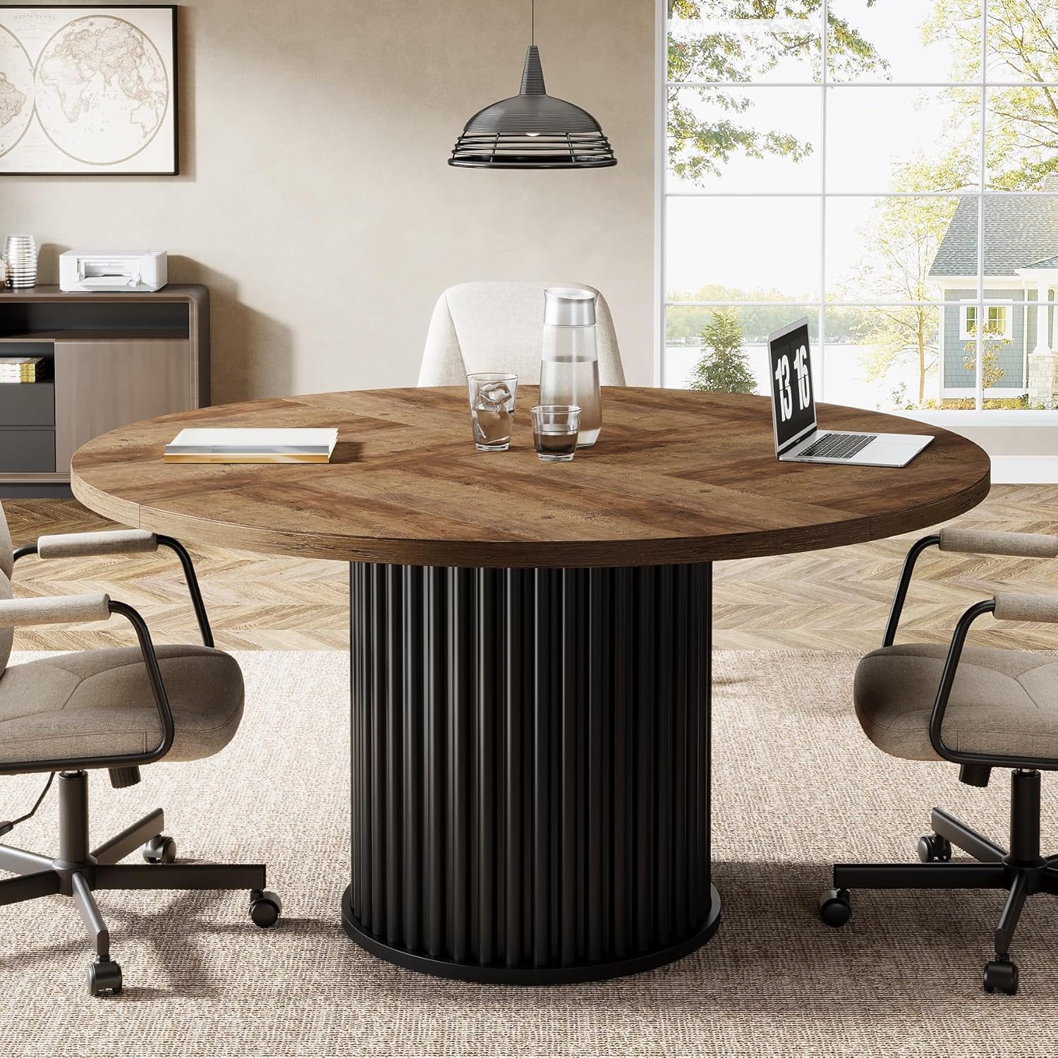 Tribesigns 47-Inch Round Conference Table, Meeting Table for 4-6 People, Small Office Desk with Sturdy MDF + Metal Base, Perfect for Conference Room or Small Workspaces, Brown + Black