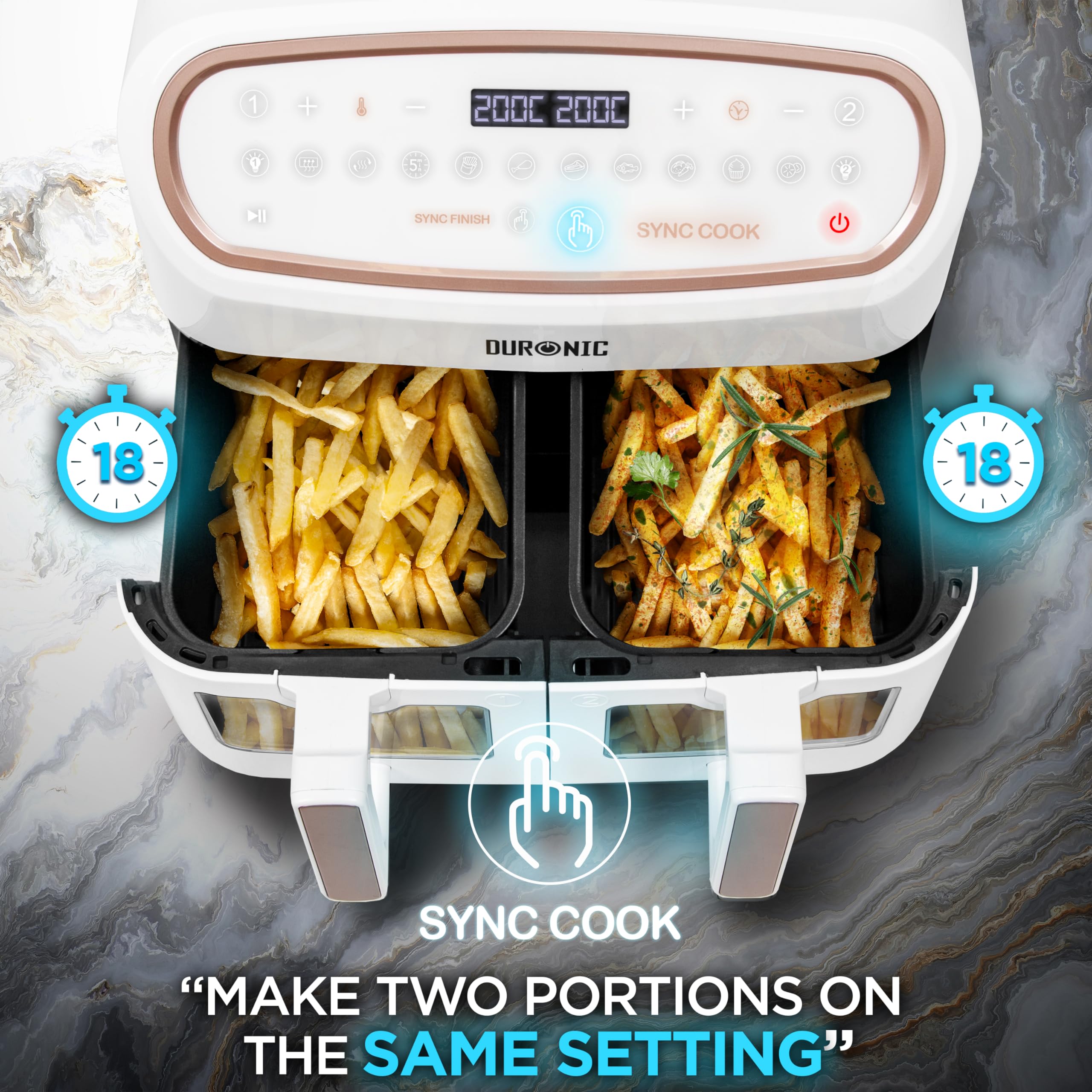 Duronic AF34 WE Friggitrice ad Aria extra grande, Air Fryer 2400W, 2 cestelli da 5L e 1 Cestello da 10L, Senza olio 10in1, Friggitrice ad aria calda con finestra di controllo