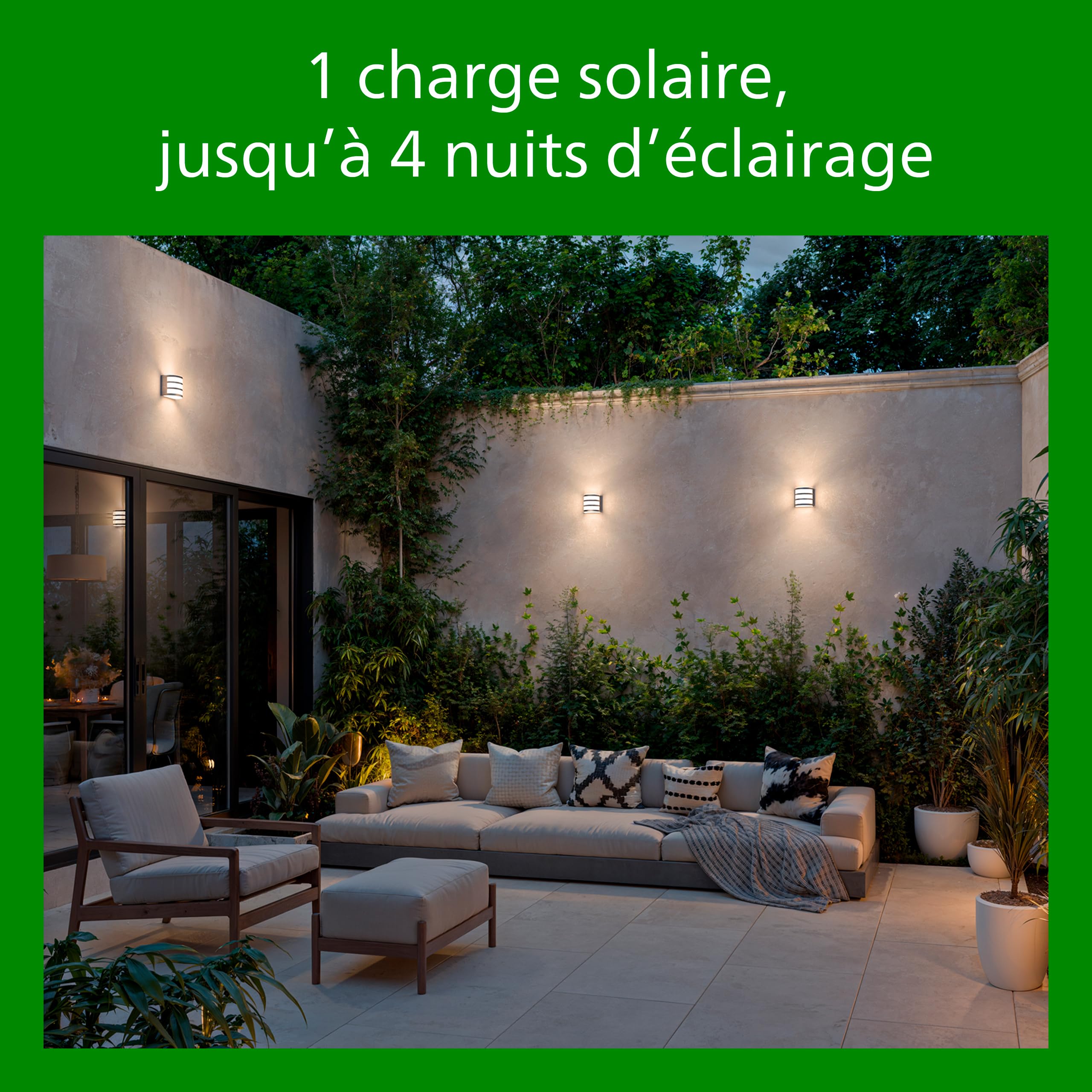 Philips Camill UltraEfficient, Applique murale solaire d'extérieur carrée, 1,4 W, 3000 K, noire, transparente, détecteur de mouvement, IP44 résistante aux intempéries