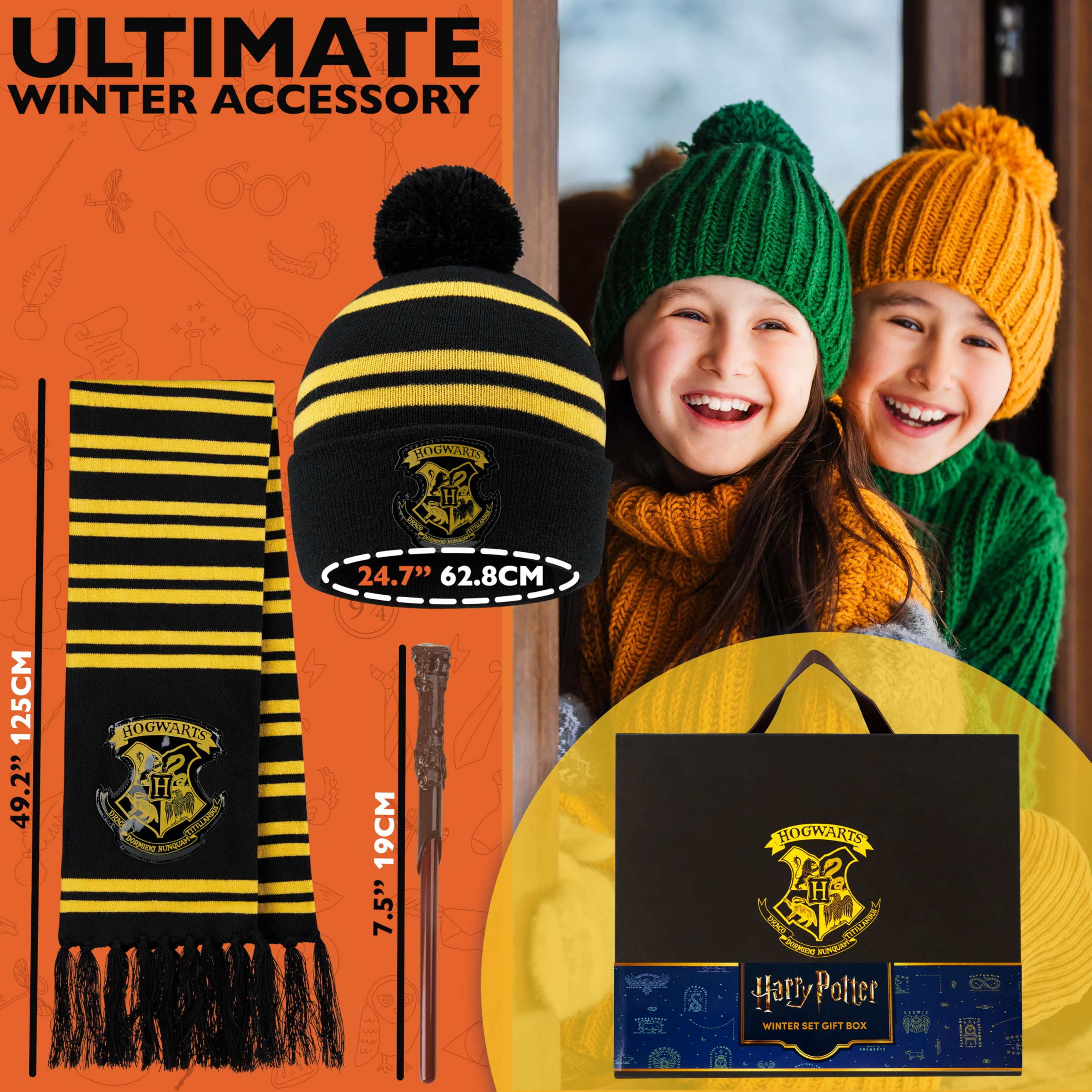 Harry Potter Ensemble Enfant Hiver 4 Pièces, Écharpe Bonnet avec Pompon Gants Stylo Baguette, Cadeau pour Fille Garçons Fans