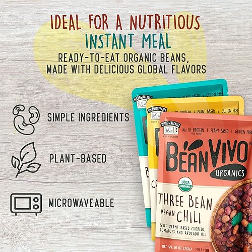 Miniatura 3 de BeanVIVO - Variedad de 3 paquetes (10 onzas cada uno) - Frijoles negros orgánicos Baja, chile vegano de tres frijoles, garbanzos al curry de coco -