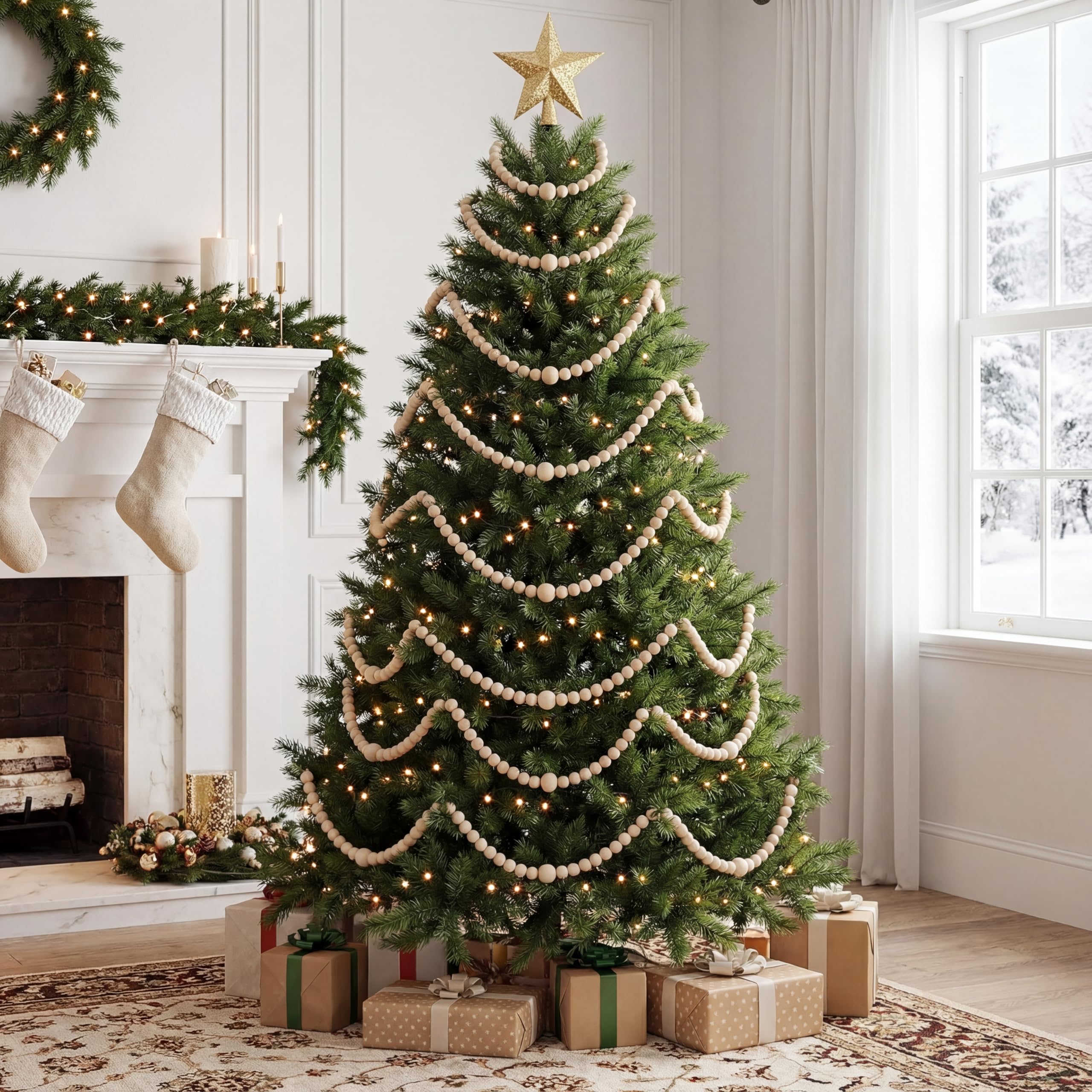 Ceenna 8 Pack 9 ft Rustic Christmas Wood Bead Garland for Xmas Tree Mantel Fireplace Stairs Coffee Table Decor Farmhouse Wooden Beads for Holiday Christmas Home Indoor Decor, Total 72 ft(Natural)