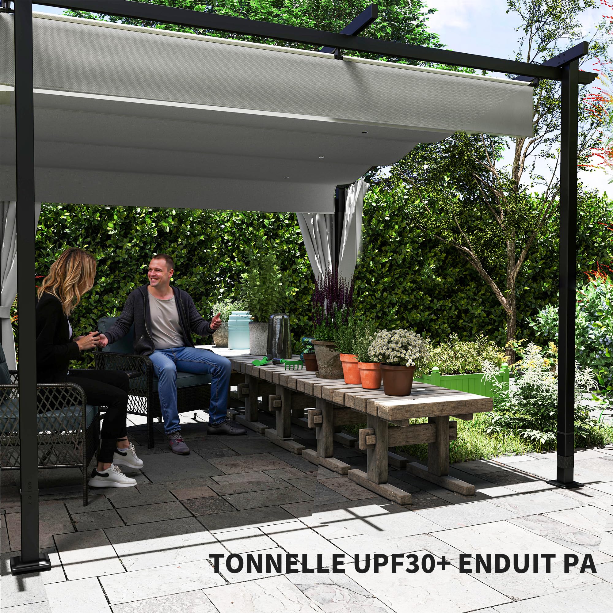 Outsunny Pergola rétractable 3 x 6 m avec Rideaux latéraux, tonnelle de Jardin en métal avec Protection Solaire UPF30+, abri pour terrasse, Patio, Gris Clair