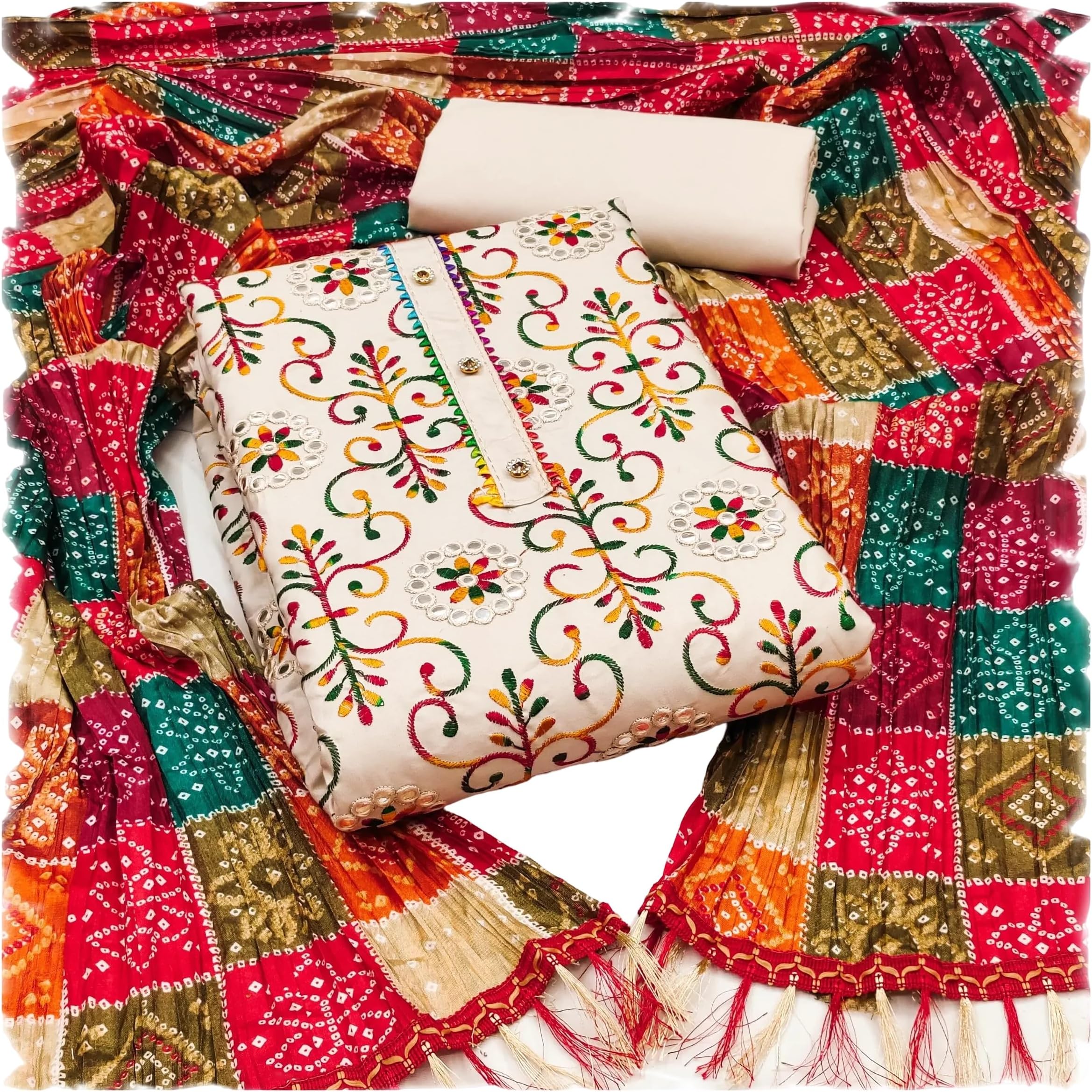 Sidhidata Women's Heavy Cotton Embroidery Work Unstitched Salwar Suit Dress Material With Bandhej/Bandhani Print Dupatta (Free Size)
