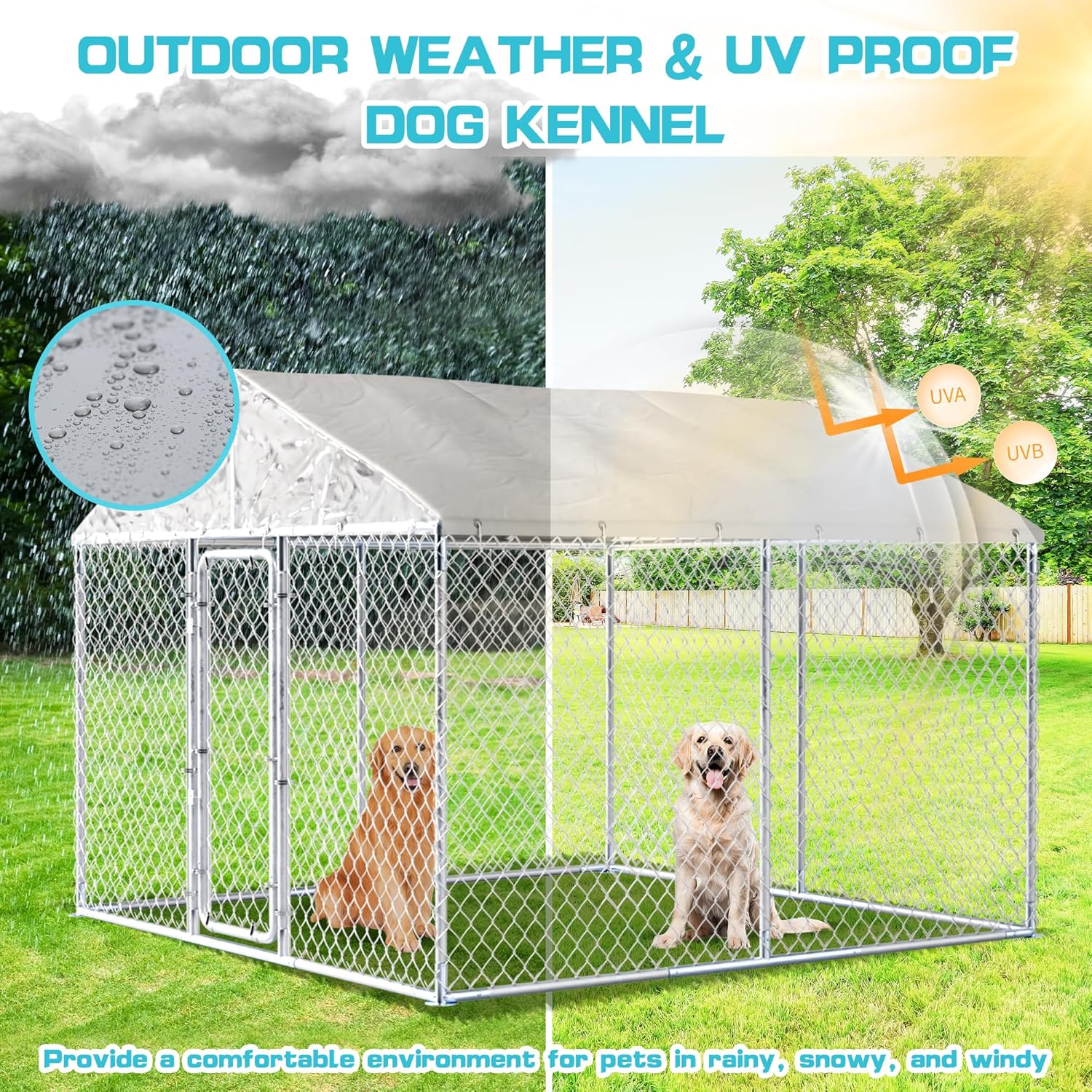 10ft×10ft Outdoor Large Dogs Kennels Enclosure - Outside Dog Cage with Waterproof roof Cover, Galvanized Steel Dogs House Fence Playpen with Lockable Door for Patio Backyard Farm Gardens