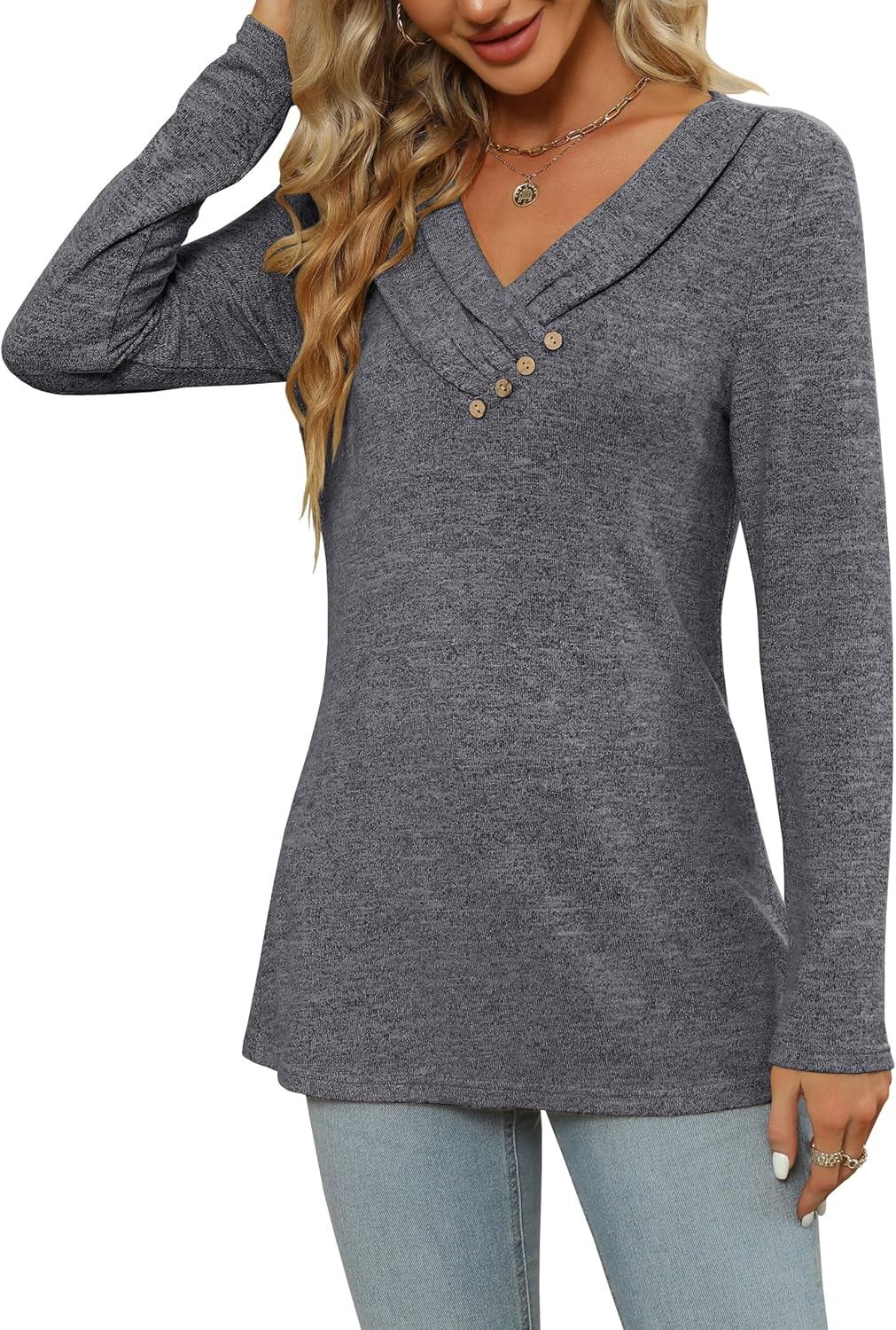 Women's Fall Long Sleeve Tunic Tops for Leggings V Neck Button Casual Blouse Sweatshirt - Image 5