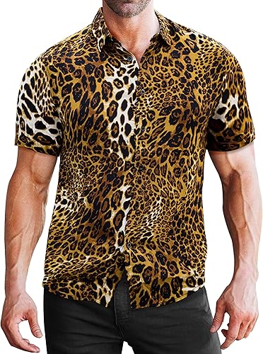 Vista 2 de LOGEEYAR Camisas de moda para hombre, estampado de piel de serpiente, estampado de leopardo, camisa casual de verano de manga corta