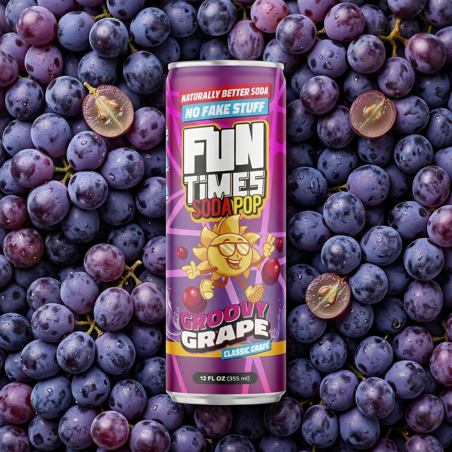Fun Times Soda Pop Groovy Grape, 12 Pack (12 oz Soda Cans), Craft Soda with Real Cane Sugar, Carbonated Beverage with All Natural Flavors, Dye Free Soft Drinks