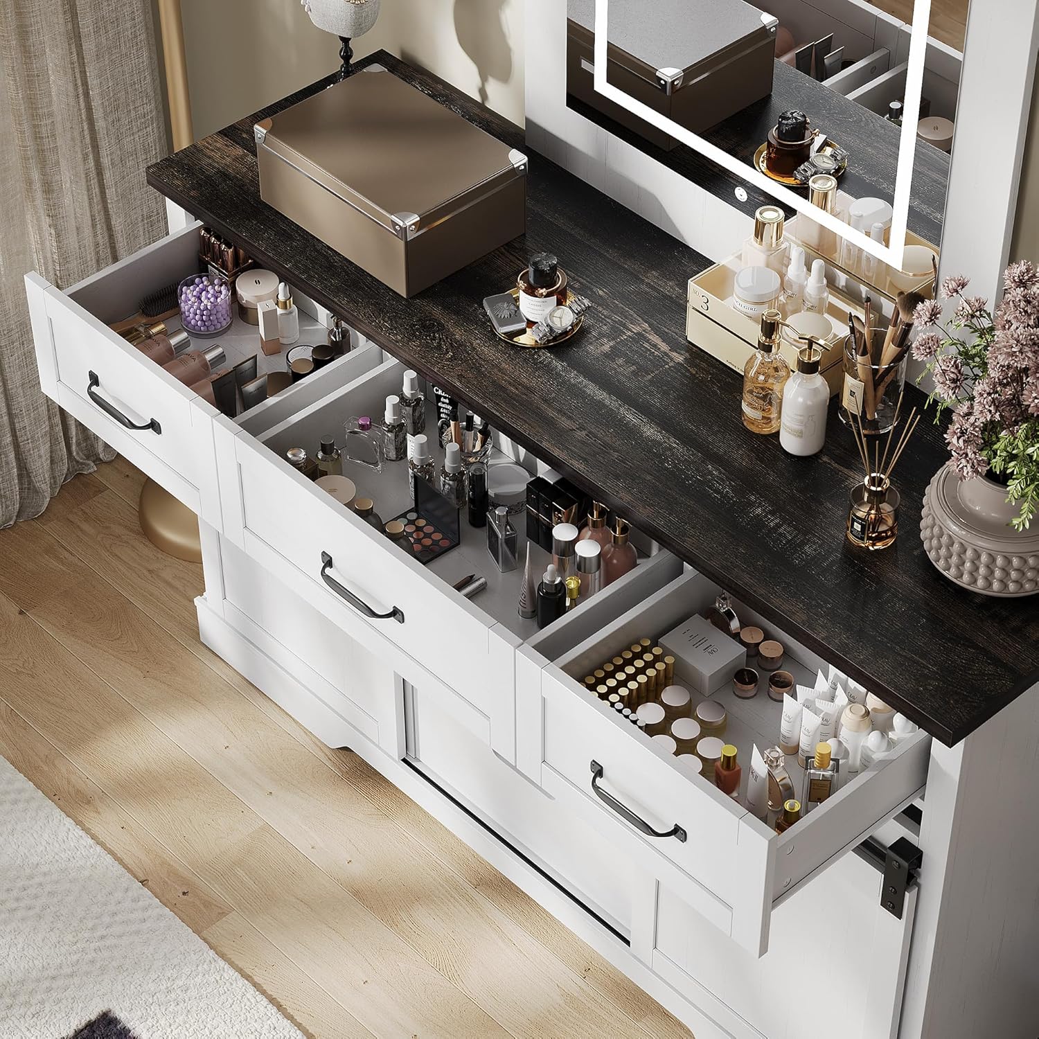 Top drawers of the GAOMON dresser open, revealing organized storage for makeup and small items.