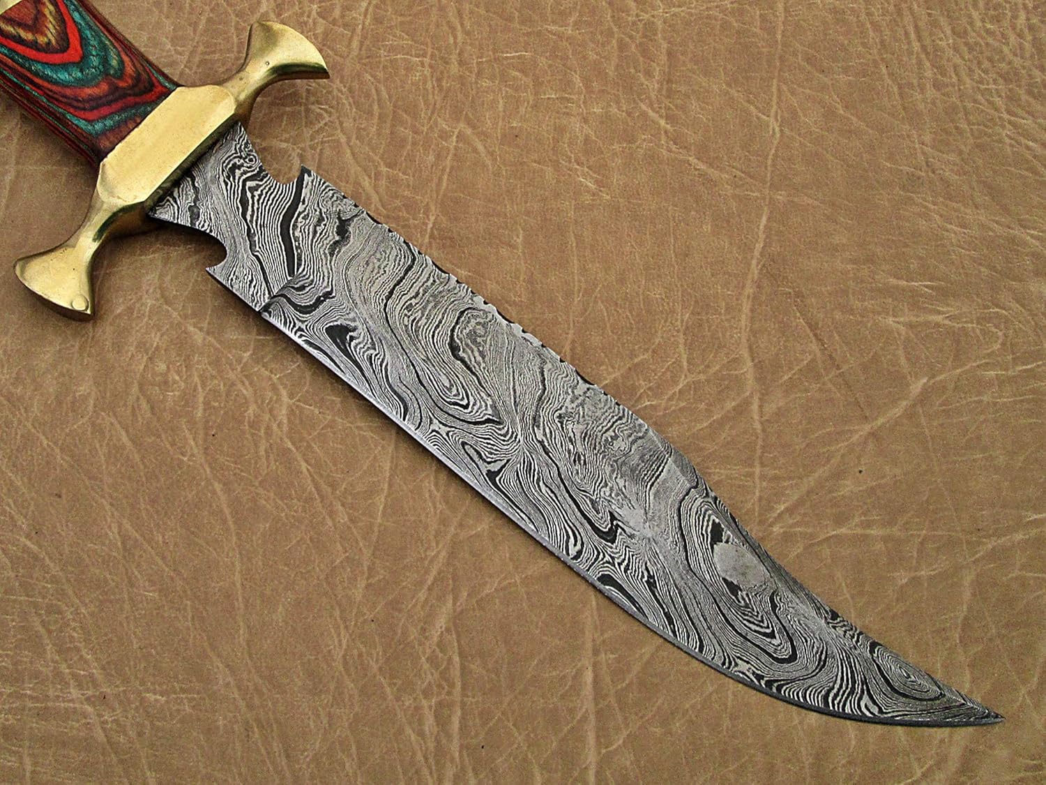 15" Long Hunting Bowie Knife, Hand Forged Damascus Steel, Red Dollar Wood with Brass Pommel & Finger Guard, Cow Leather Sheath (Multi Color)