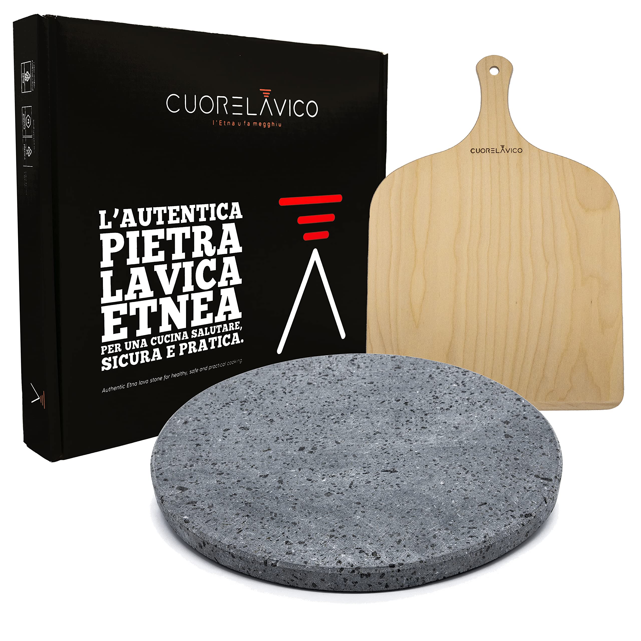 CUORE LAVICO – Kit plaque réfractaire en pierre de lave etnea ronde pour pizza diamètre 35 SP. 2 cm + pelle | four à gaz, électrique et barbecue pour pain et pince – Fabriqué en Italie