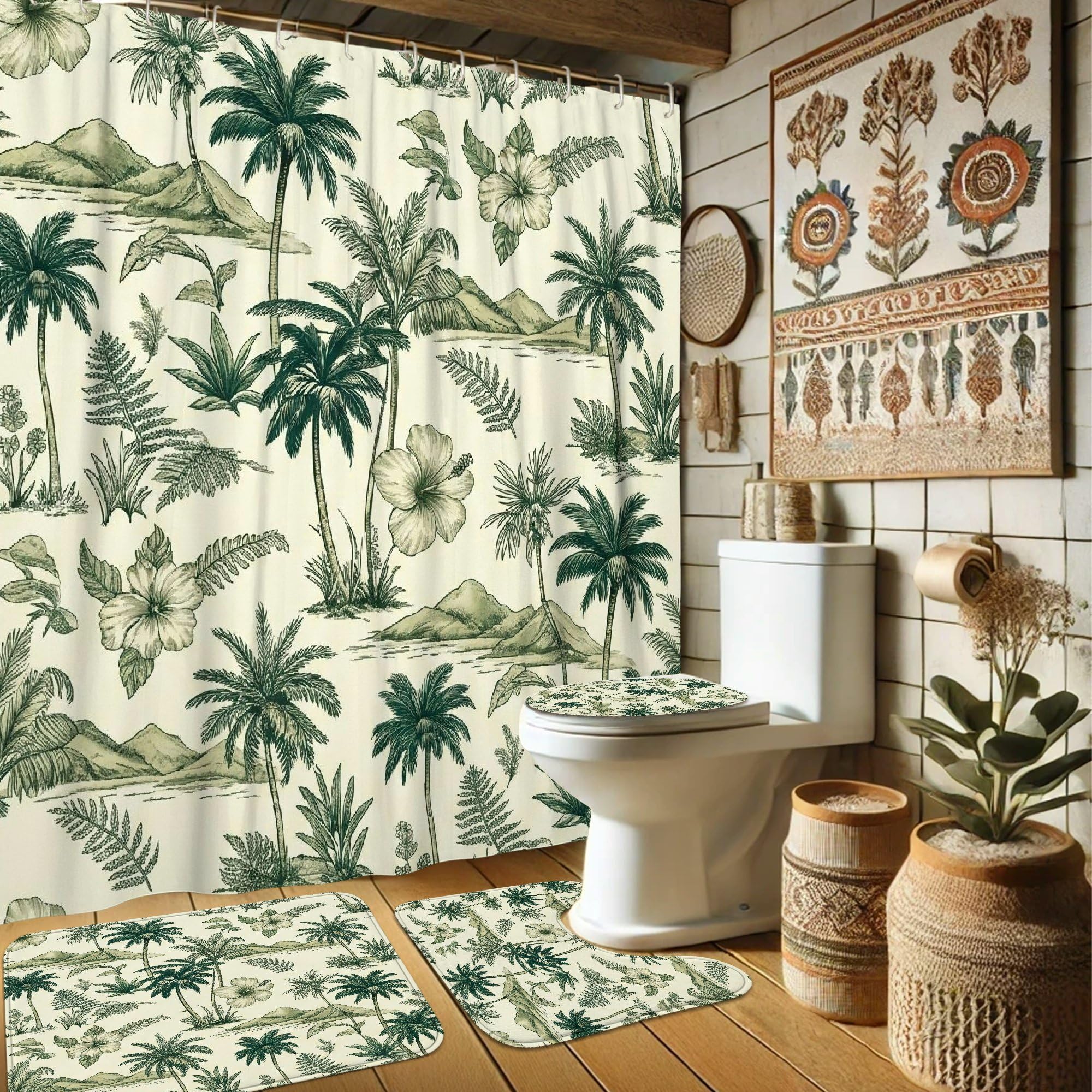 Rideau de douche tropical vert été et tapis pour une ambiance hôtel