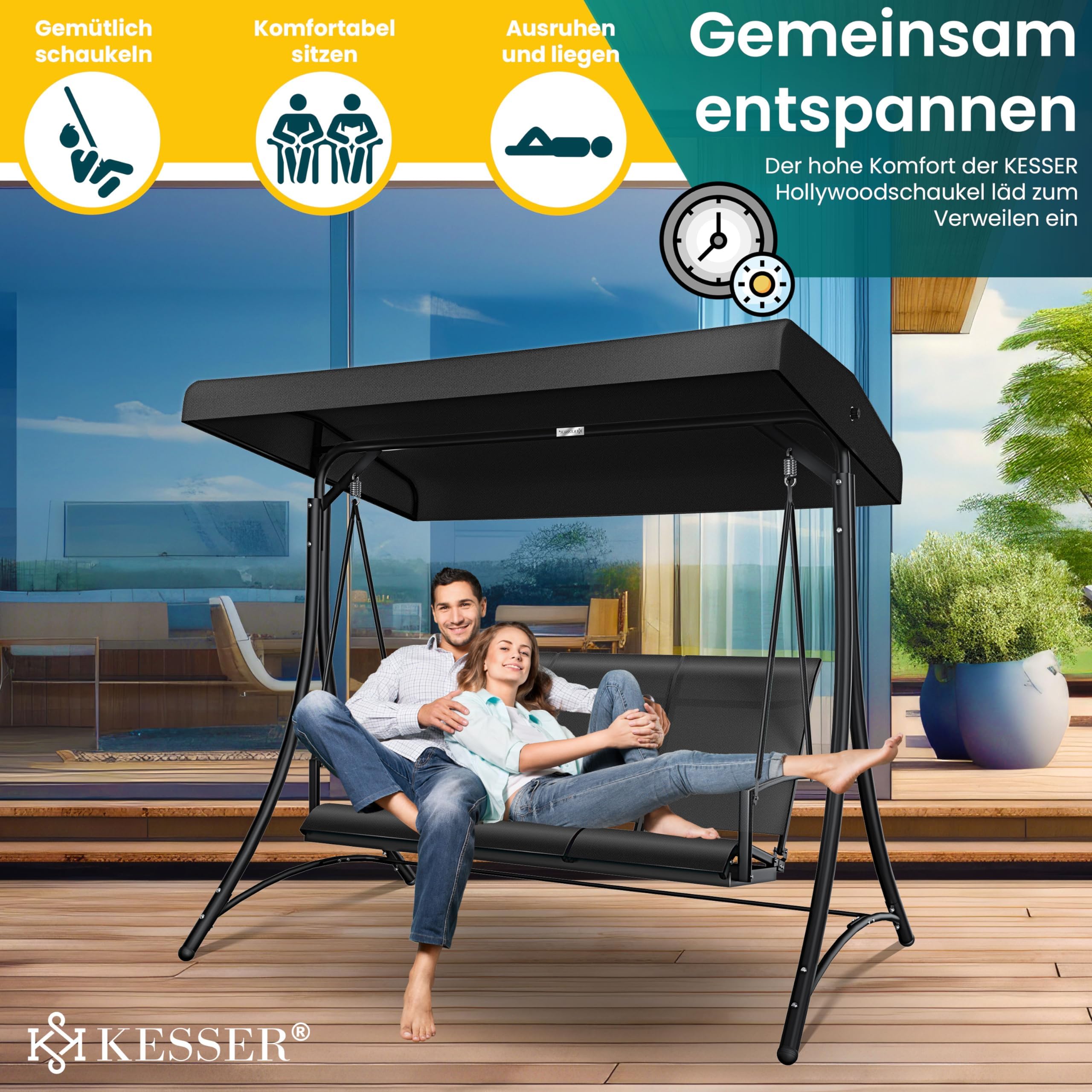 KESSER® Dondolo Hollywood con tettuccio parasole, 3 posti, portata fino a 300 kg, sdraio da giardino con piedini antiscivolo, panca a dondolo impermeabile per esterni e interni (nero)