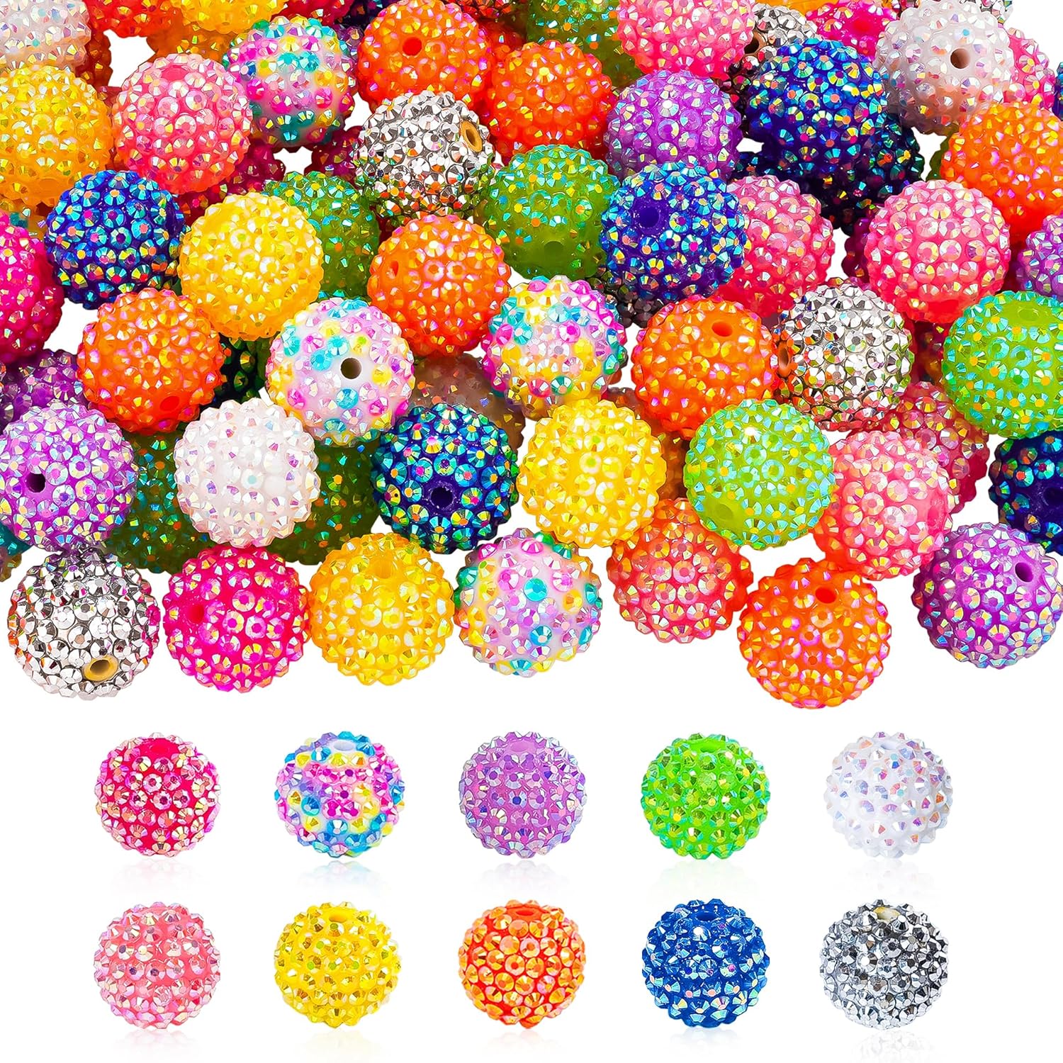 40pcs 20mm Rhinestone Beads Bubblegum Beads for Pens Round Disco Ball Beads Crystal Chunky Beads for Bracelet Necklace Keychains Jewelry Making, Hole: 2.5mm (10 Colors)