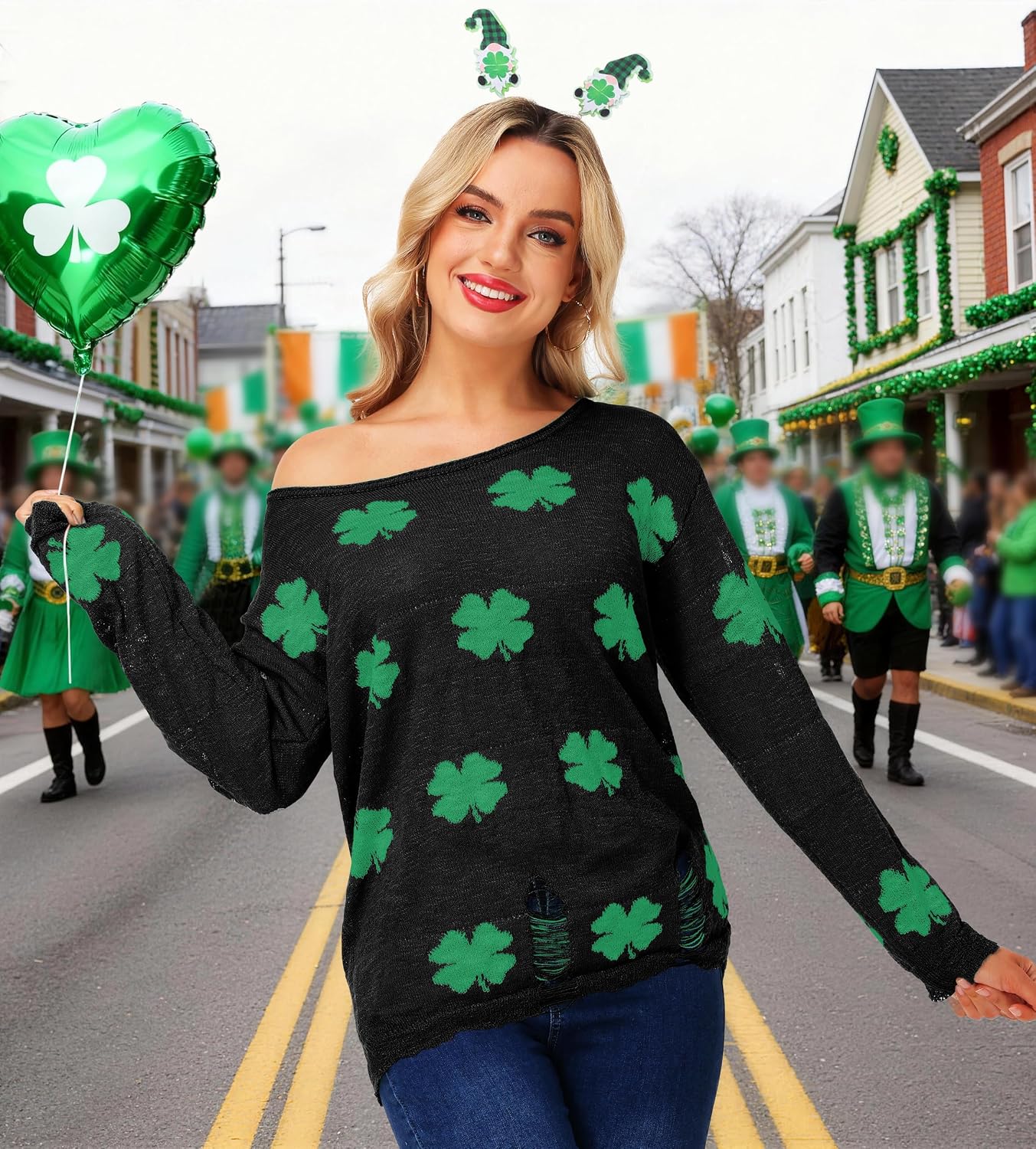Womens St Patrick's Off Shoulder Shirt Long Sleeve Knitted Top Loose Ripped Sweaters