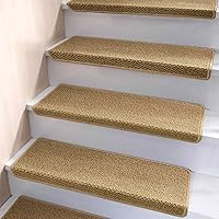 BRAKKI Bullnose Non-Slip Carpet Stair Treads for Wooden Steps - Washable Edging Protectors, Soft Indoor Stair Rugs, 14pcs Beige 29.5x9.5in