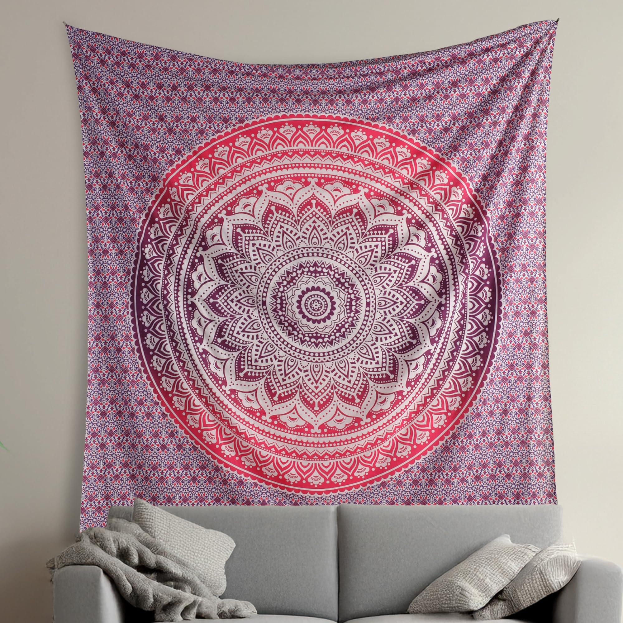 The Art Box Pink Purple Cotton Tapestry Mandala Wall Hanging – Tapestry For Bedroom – Boho Room Decor – Small Aesthetic Tapestry 54X60 Inches