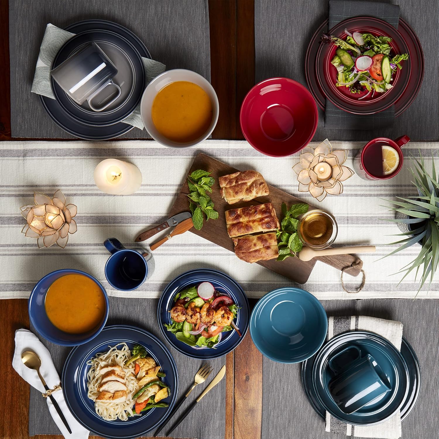 Mason Craft & More Festival Dinnerware Collection- Round Durable Stoneware Bold Colorful Ombre Glaze Plates Bowls, 12 Piece Festival Dinnerware Set in Rich Teal