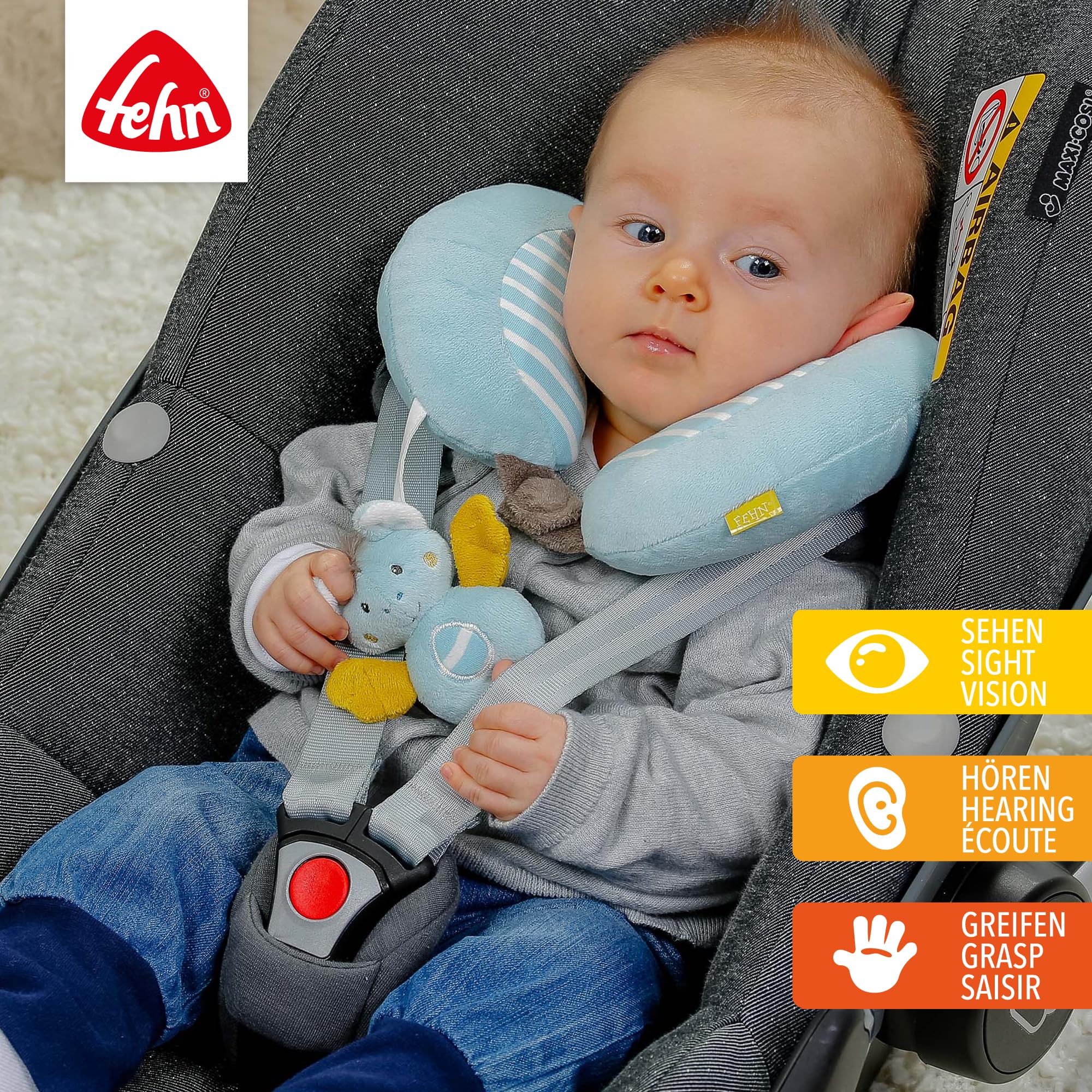 Fehn Fledermaus Nackenkissen Nackenhörnchen - Ergonomische Kopfstütze mit niedlichem Rassel Tier - sichere Kopfhalterung für Auto, Kinderwagen & Kindersitz - für Babys & Kleinkinder von 0-12 Monaten