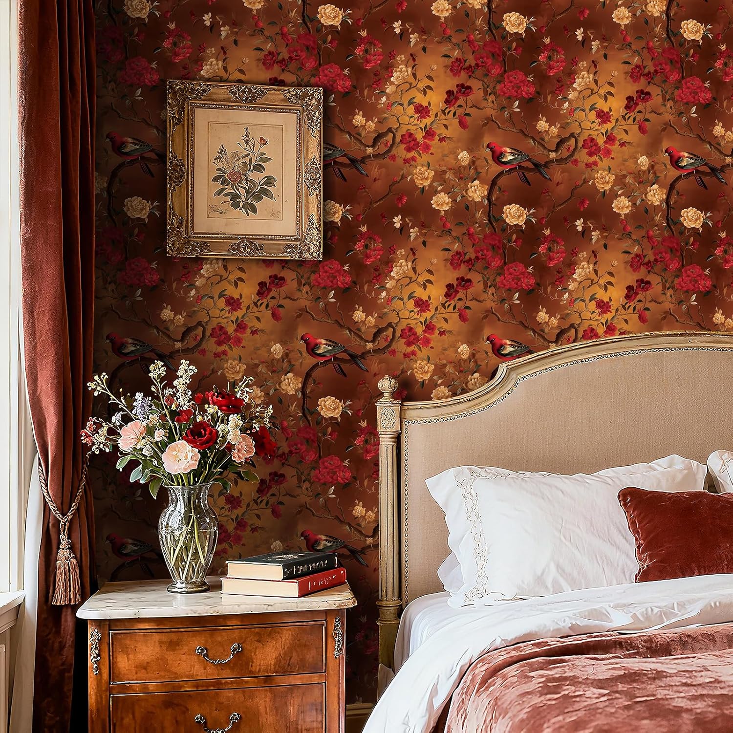 Livelynine 17.5x276 Kitchen Wallpaper Red Birds and Flowers Chinoiserie Peel and Stick Wallpaper Vintage Floral Dark Red Black Peony Flower Bird Burgundy Gold Renter Friendly Contact Paper Waterproof